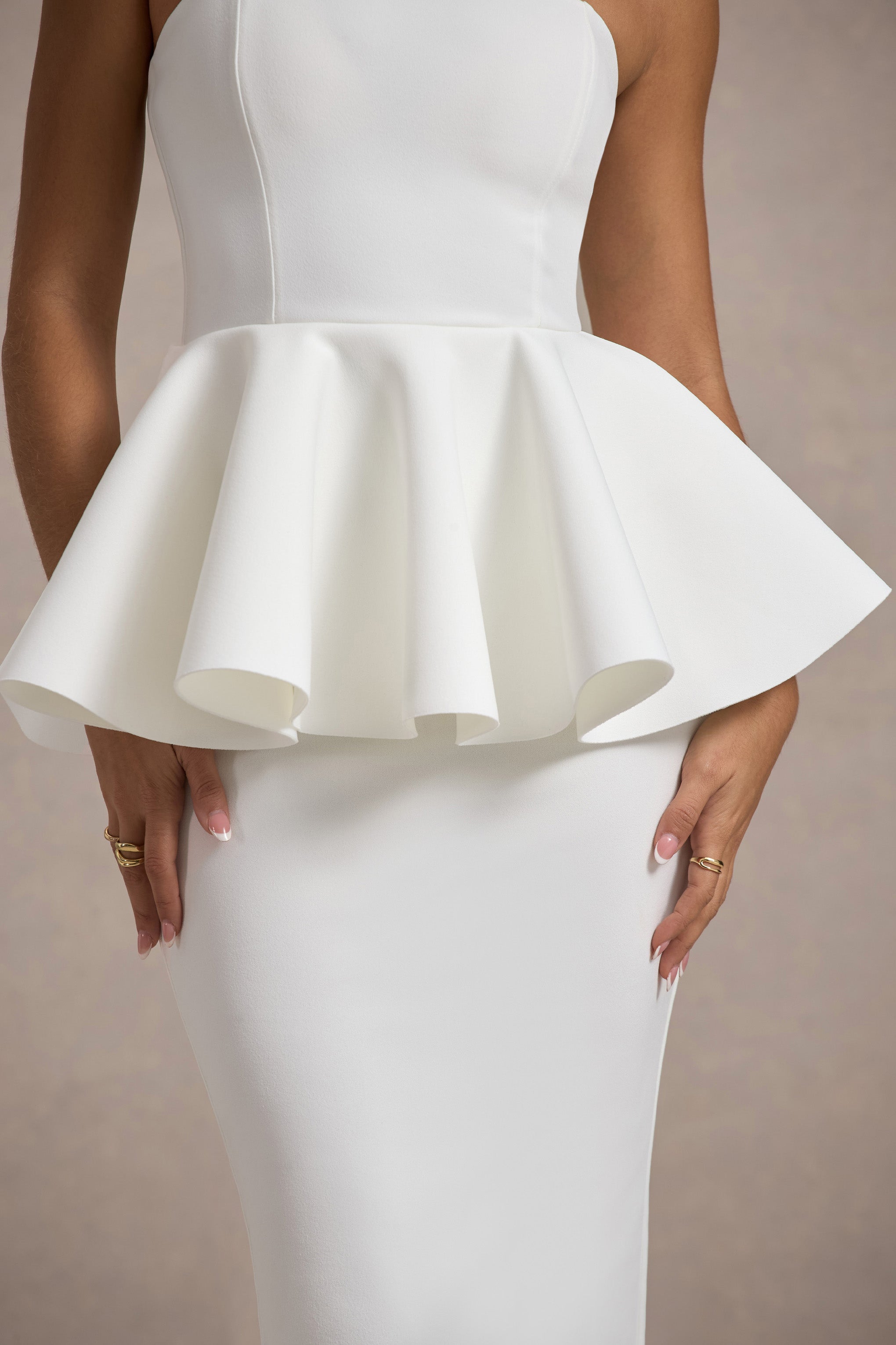 İlk Dans | Beyaz Bandeau Peplum Midi Elbise