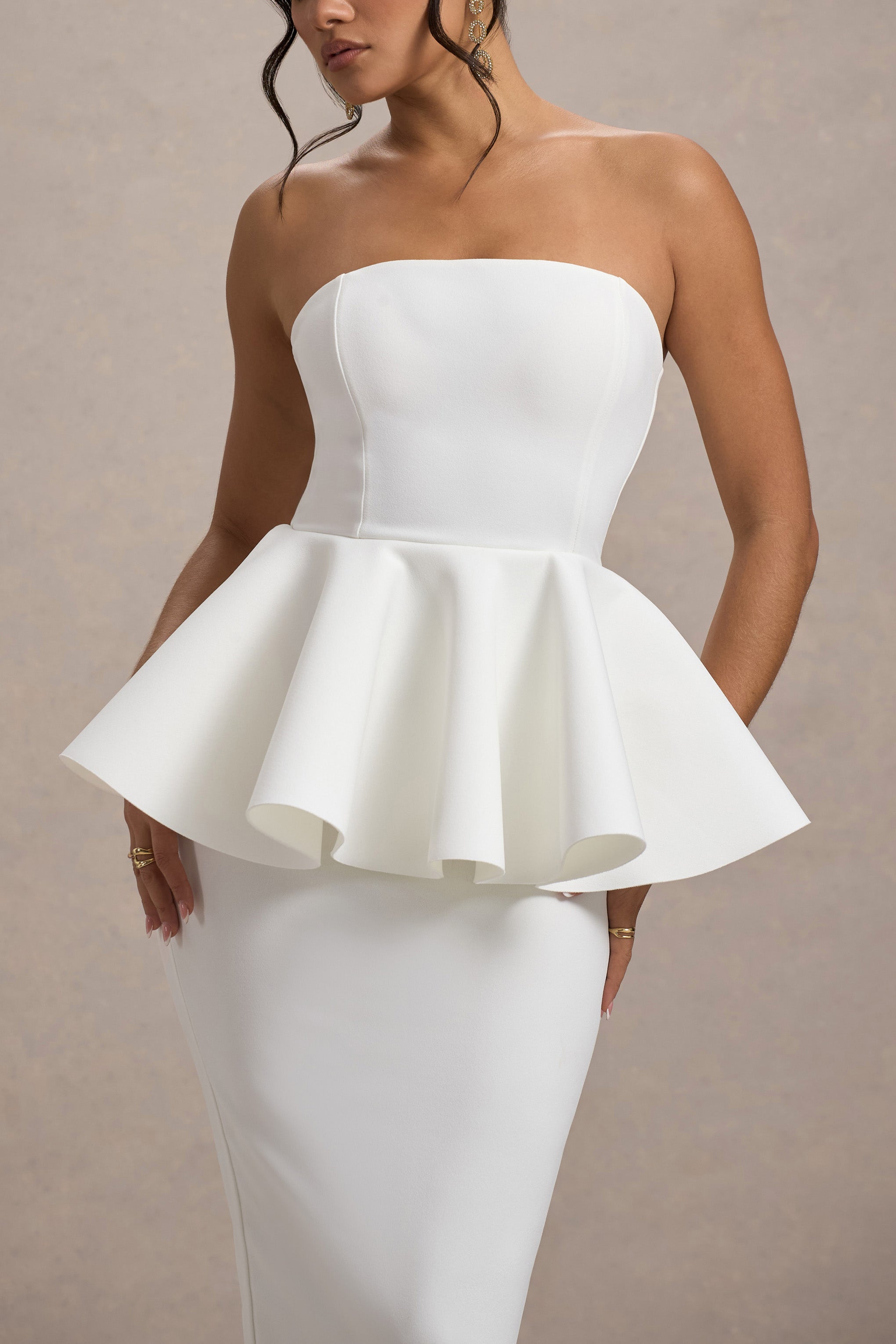 İlk Dans | Beyaz Bandeau Peplum Midi Elbise