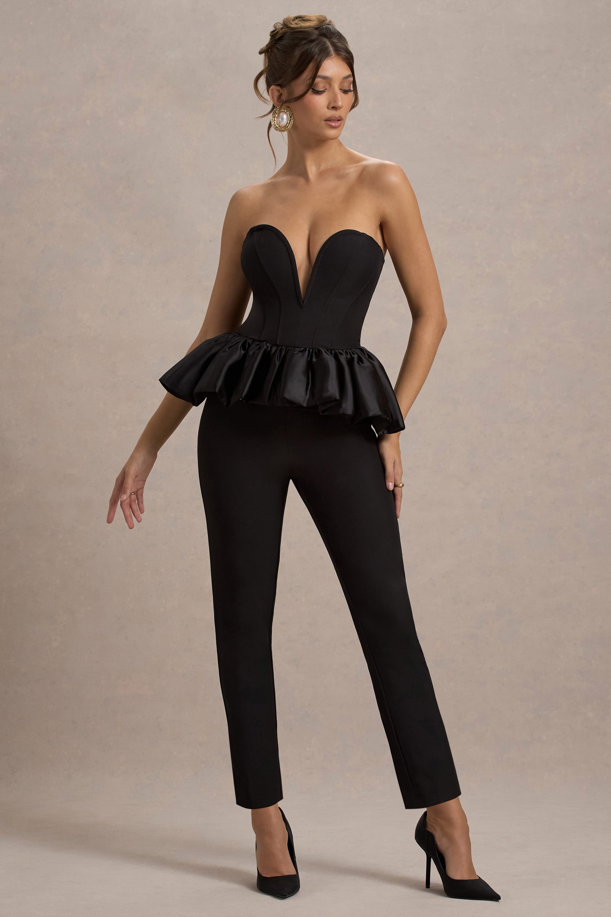 Idaho | Siyah Sweetheart Korse Tulum ile Saten Peplum