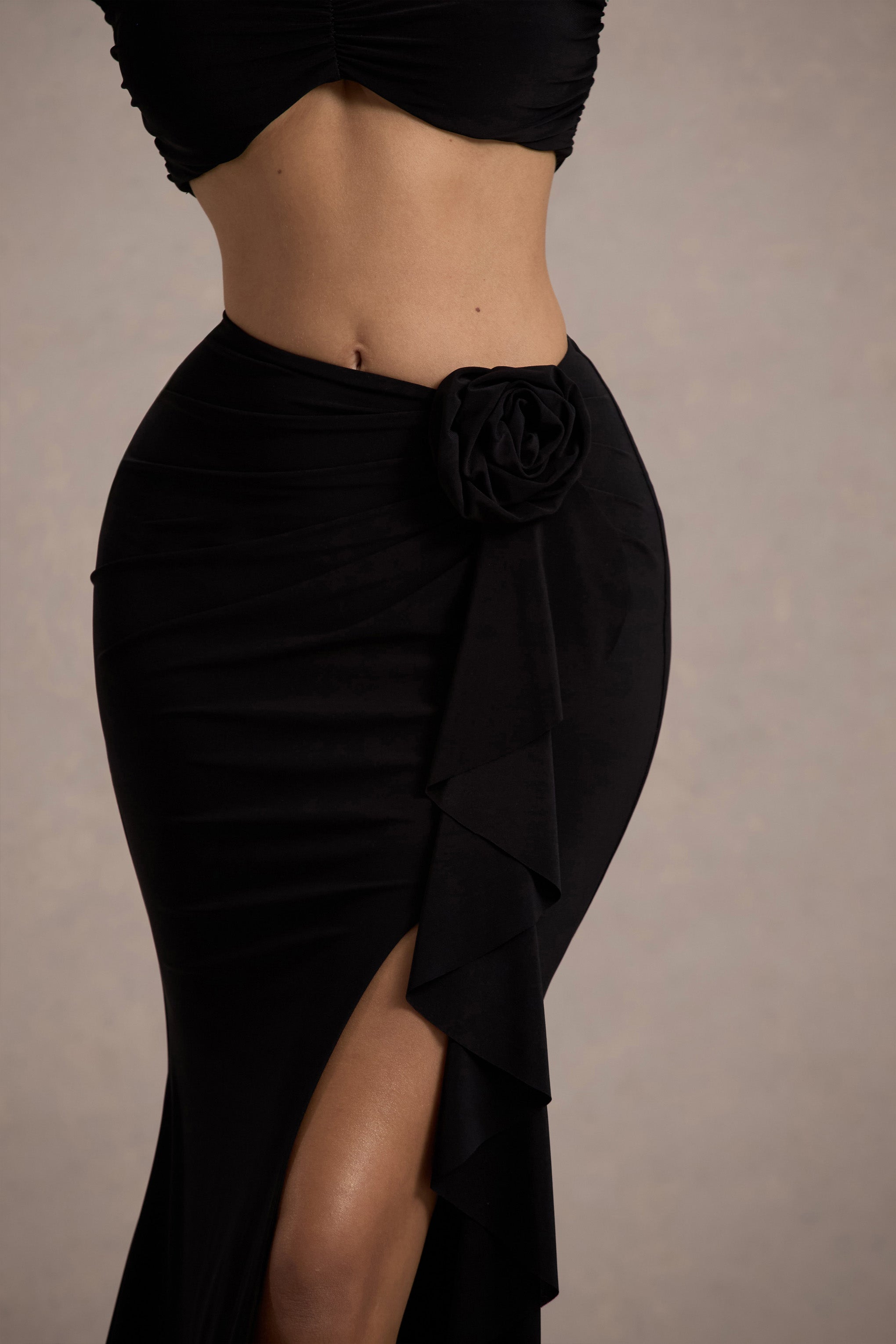 Kavi | Siyah Ruched Yırtmaçlı Maxi Etek