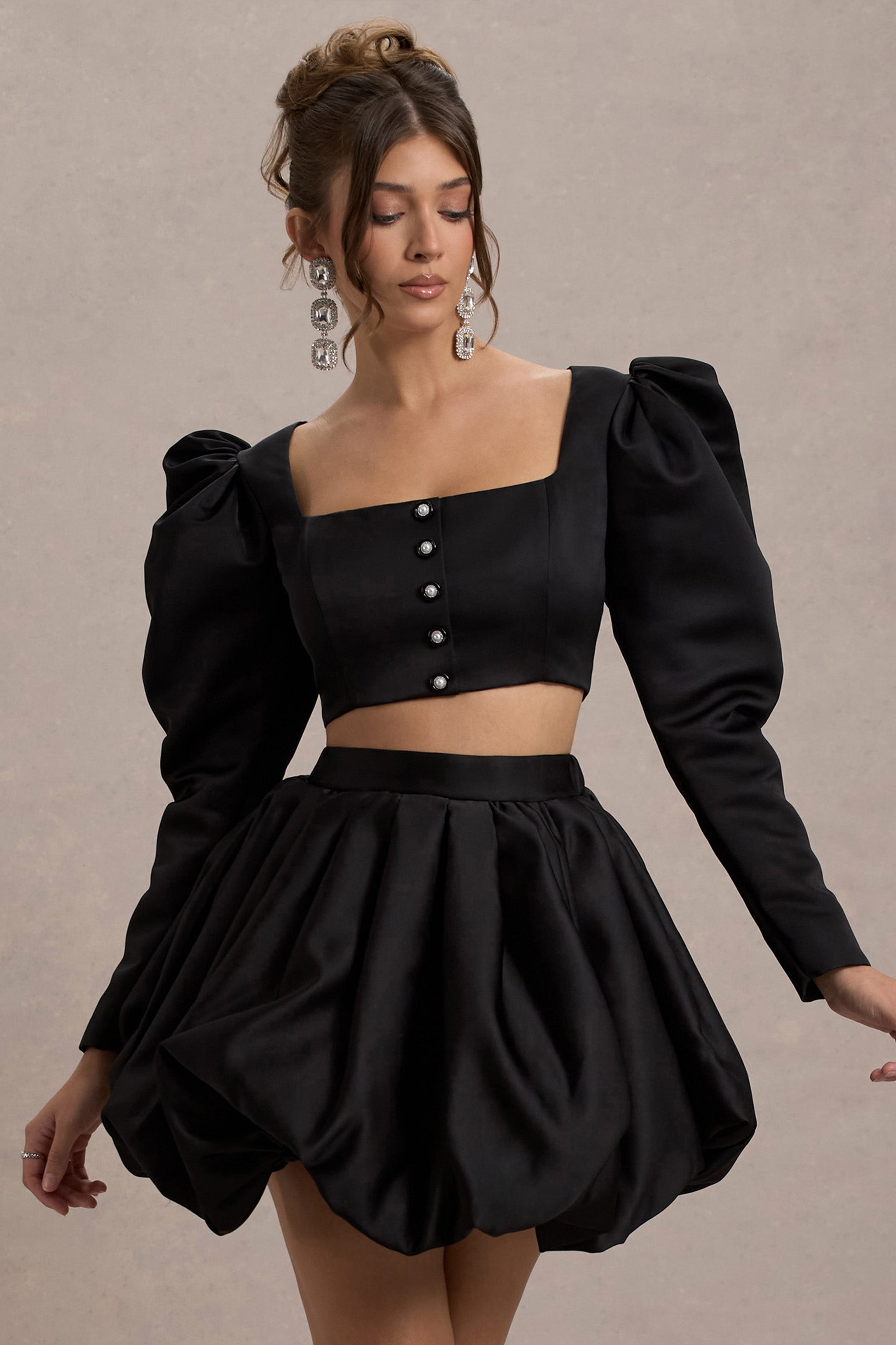Eloisa | Siyah Saten Kısa Puff-Sleeve Ceket