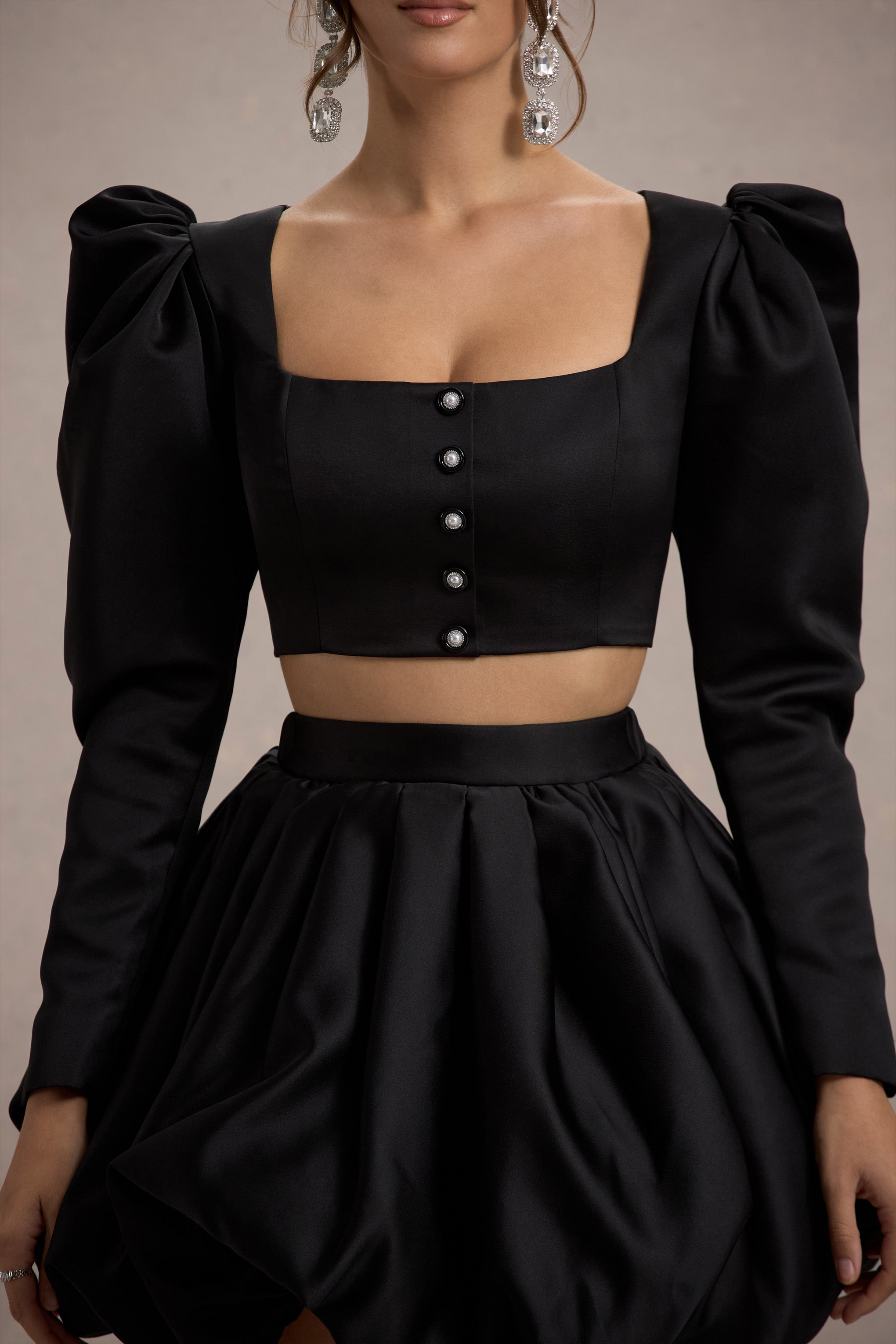 Eloisa | Siyah Saten Kısa Puff-Sleeve Ceket