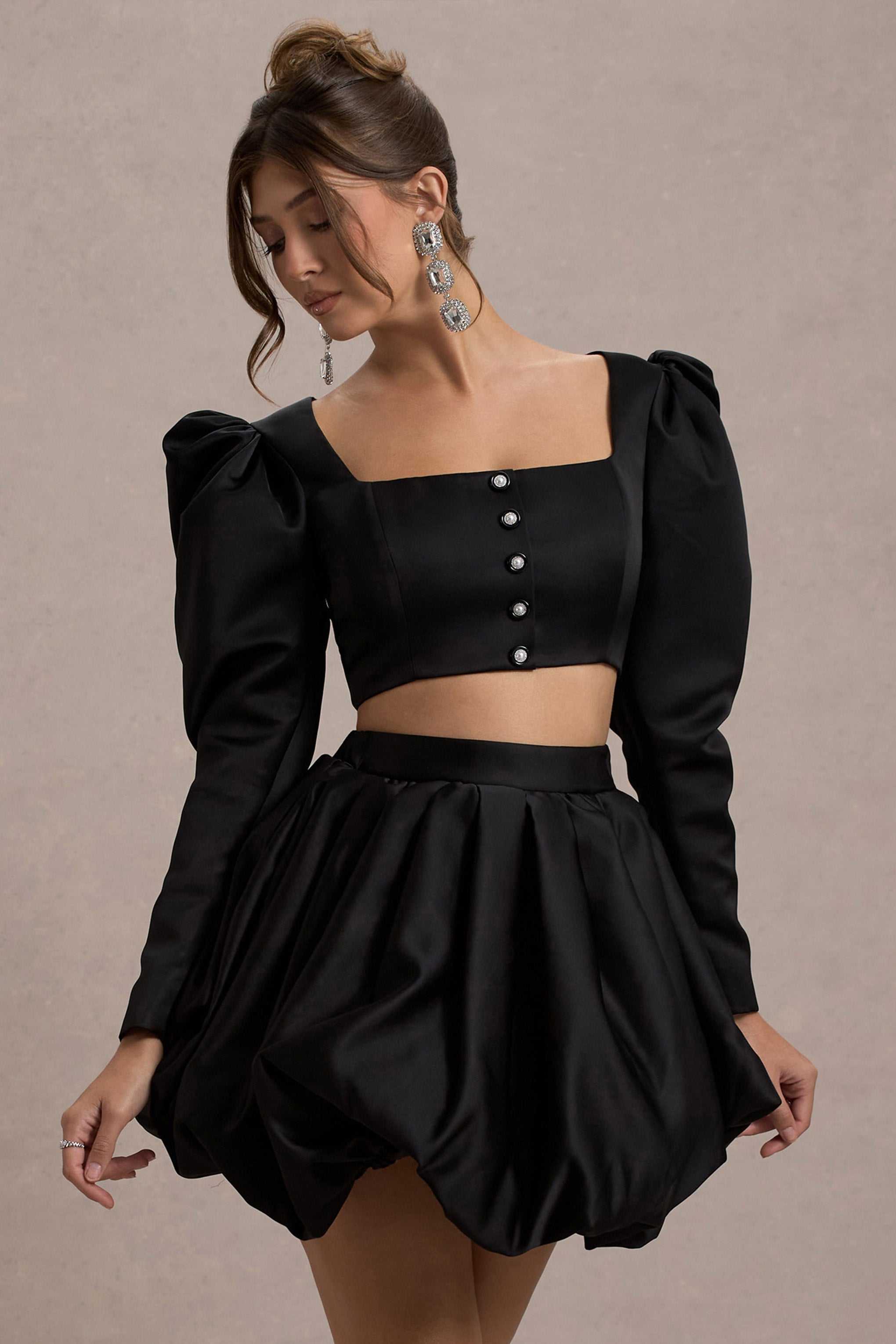 Eloisa | Siyah Saten Kısa Puff-Sleeve Ceket