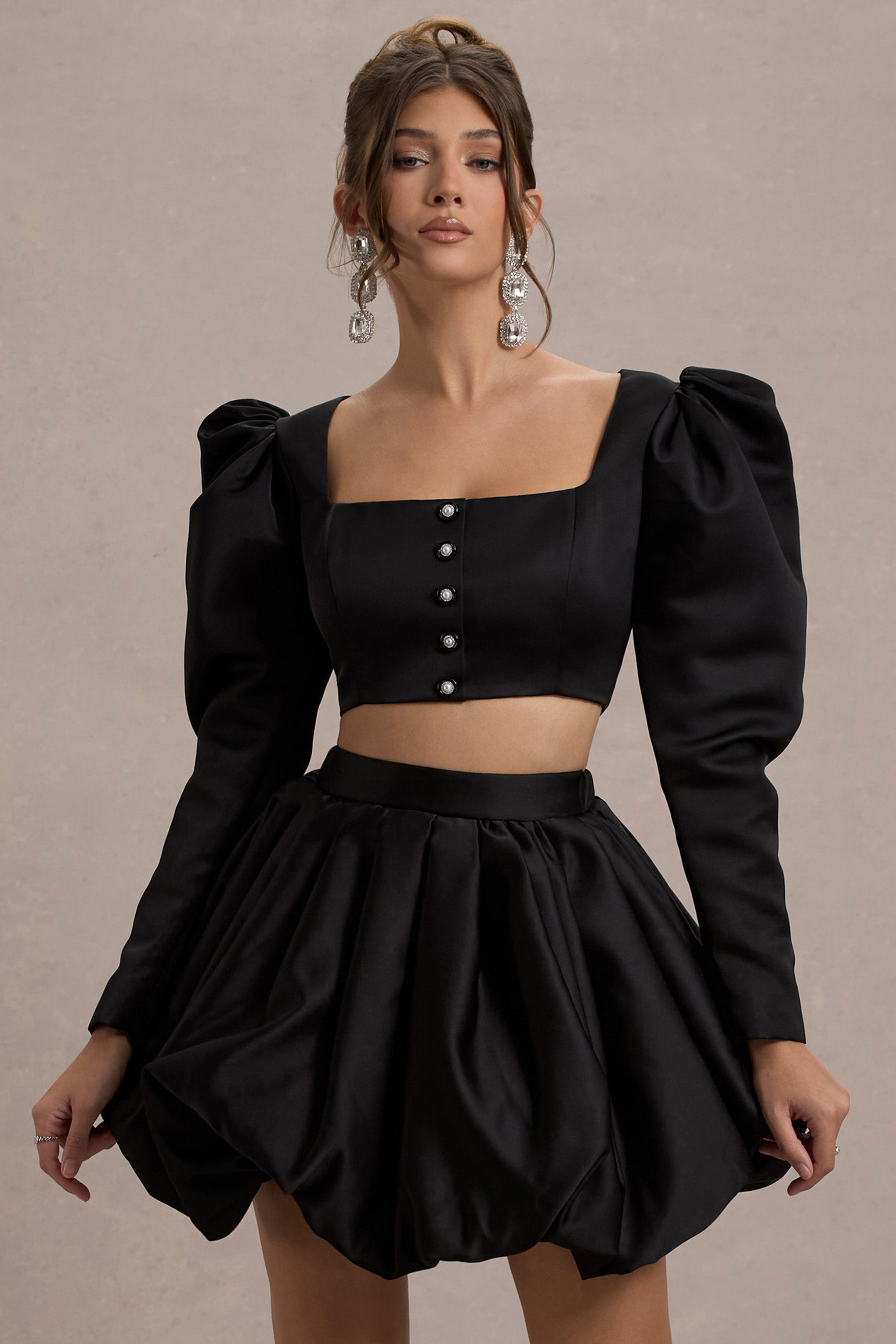 Eloisa | Siyah Saten Kısa Puff-Sleeve Ceket