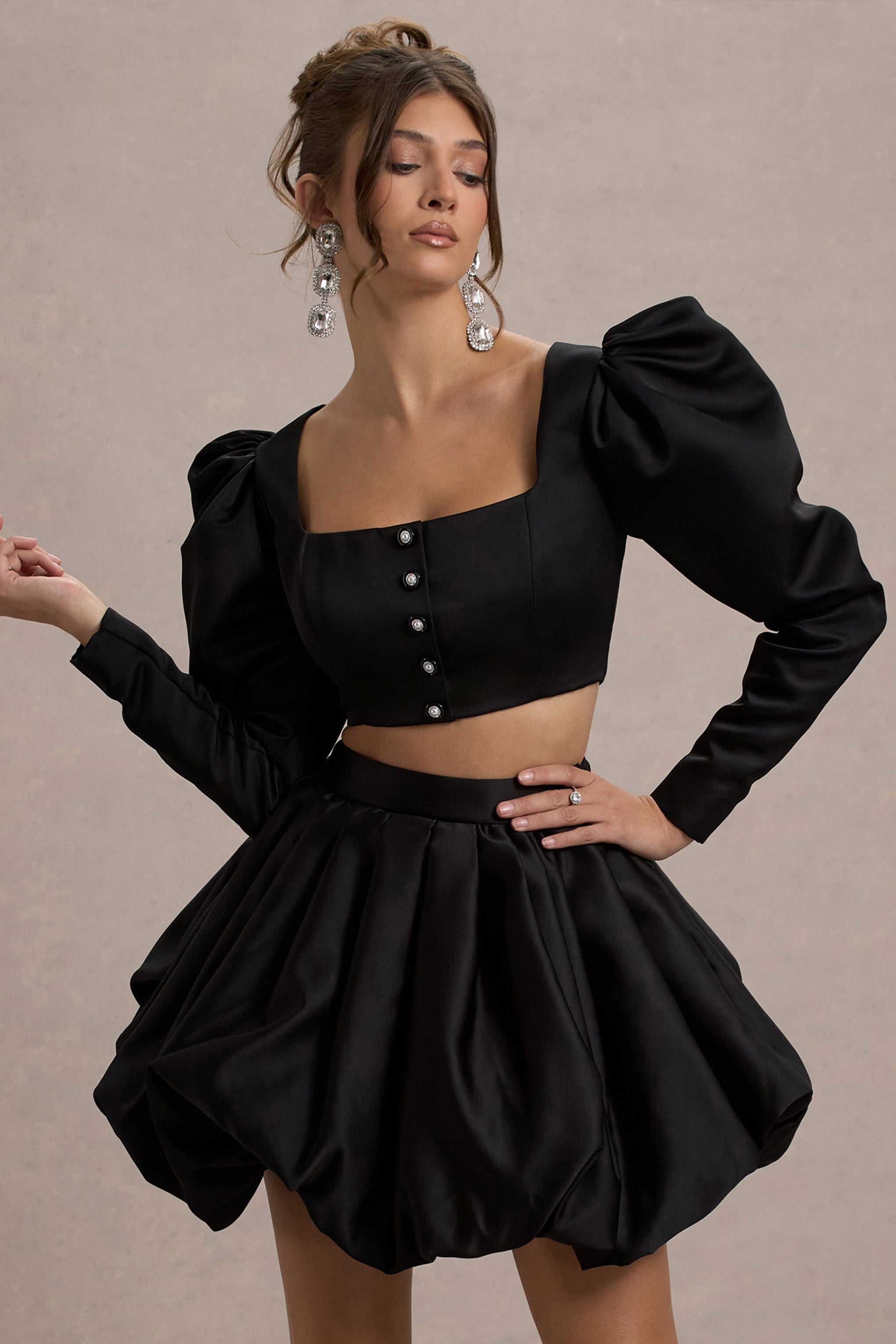 Eloisa | Siyah Saten Kısa Puff-Sleeve Ceket