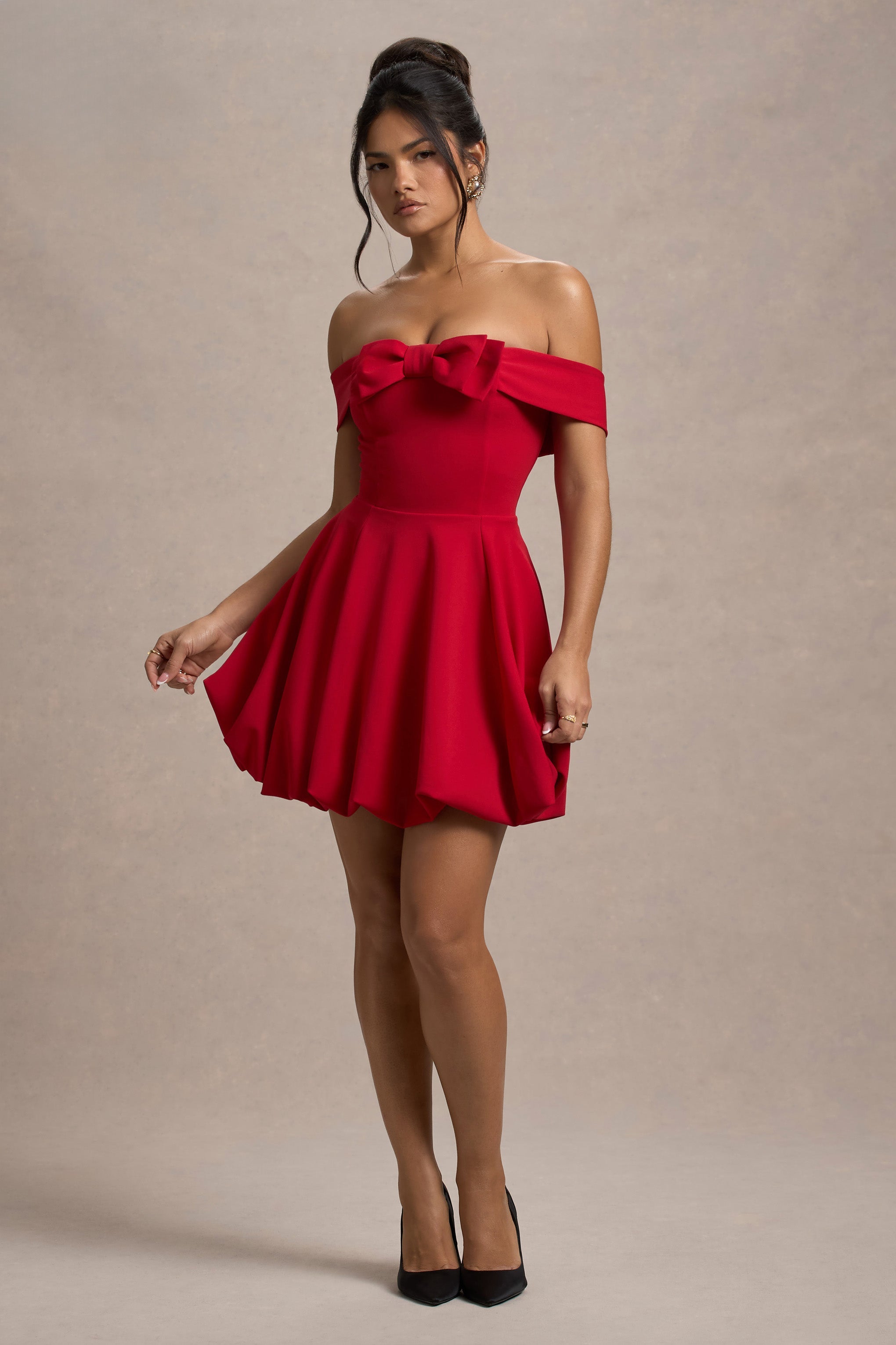Minimoiselle | Kırmızı Fiyonk Detaylı Bardot Mini Elbise Puff-Ball Etek ile