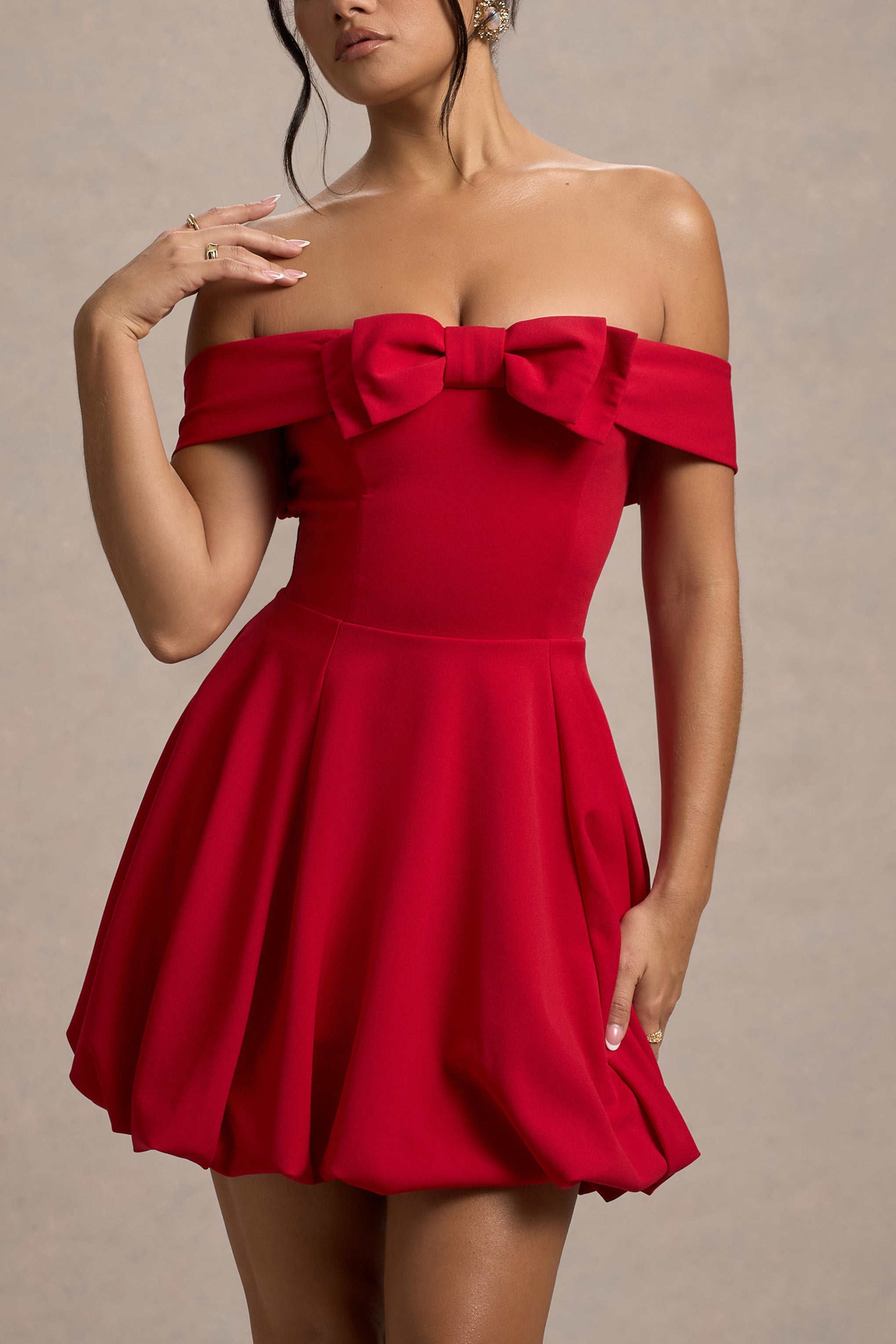 Minimoiselle | Kırmızı Fiyonk Detaylı Bardot Mini Elbise Puff-Ball Etek ile