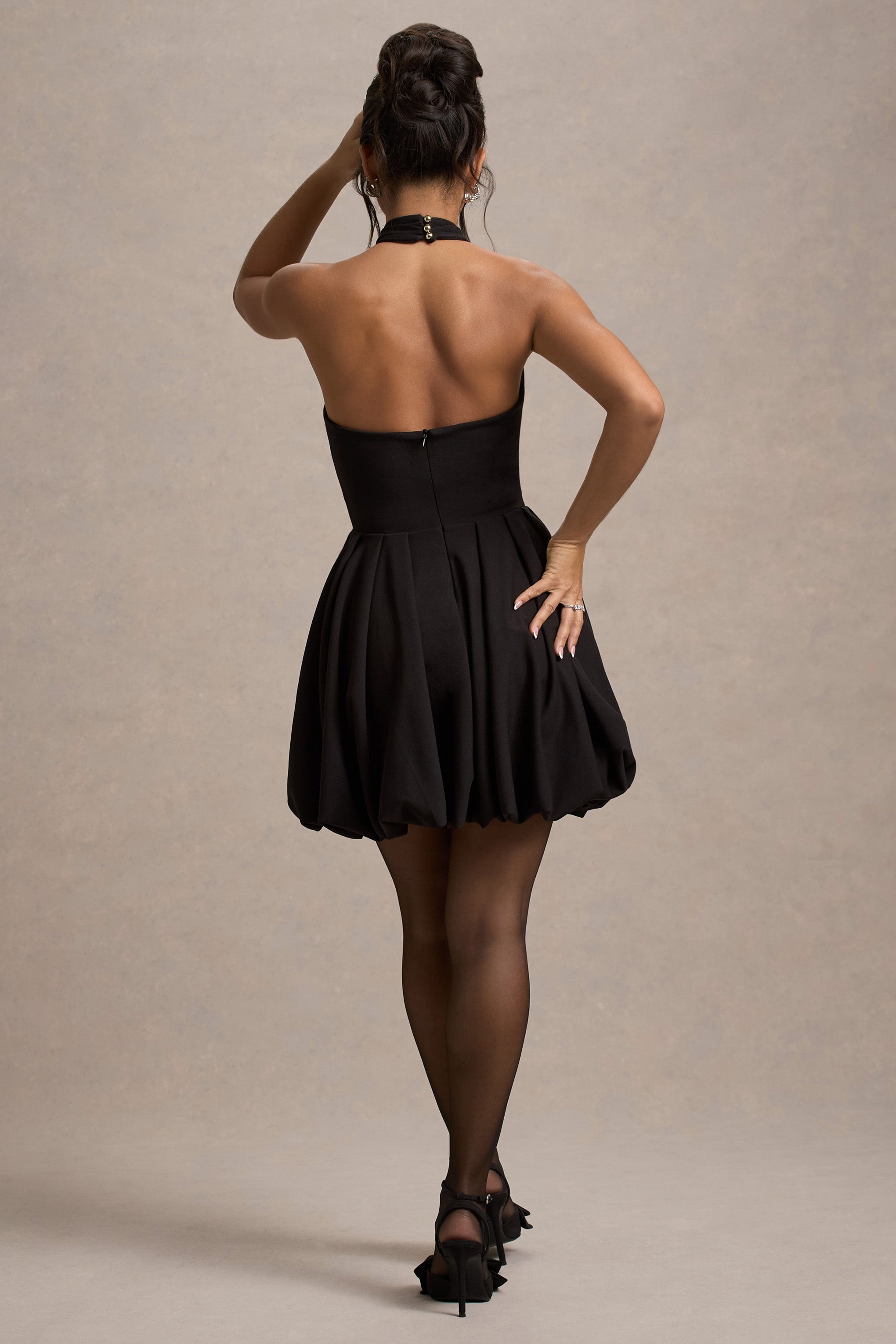 Klytie | Siyah Halter Yaka Mini Elbise ile Puff-Ball Etek