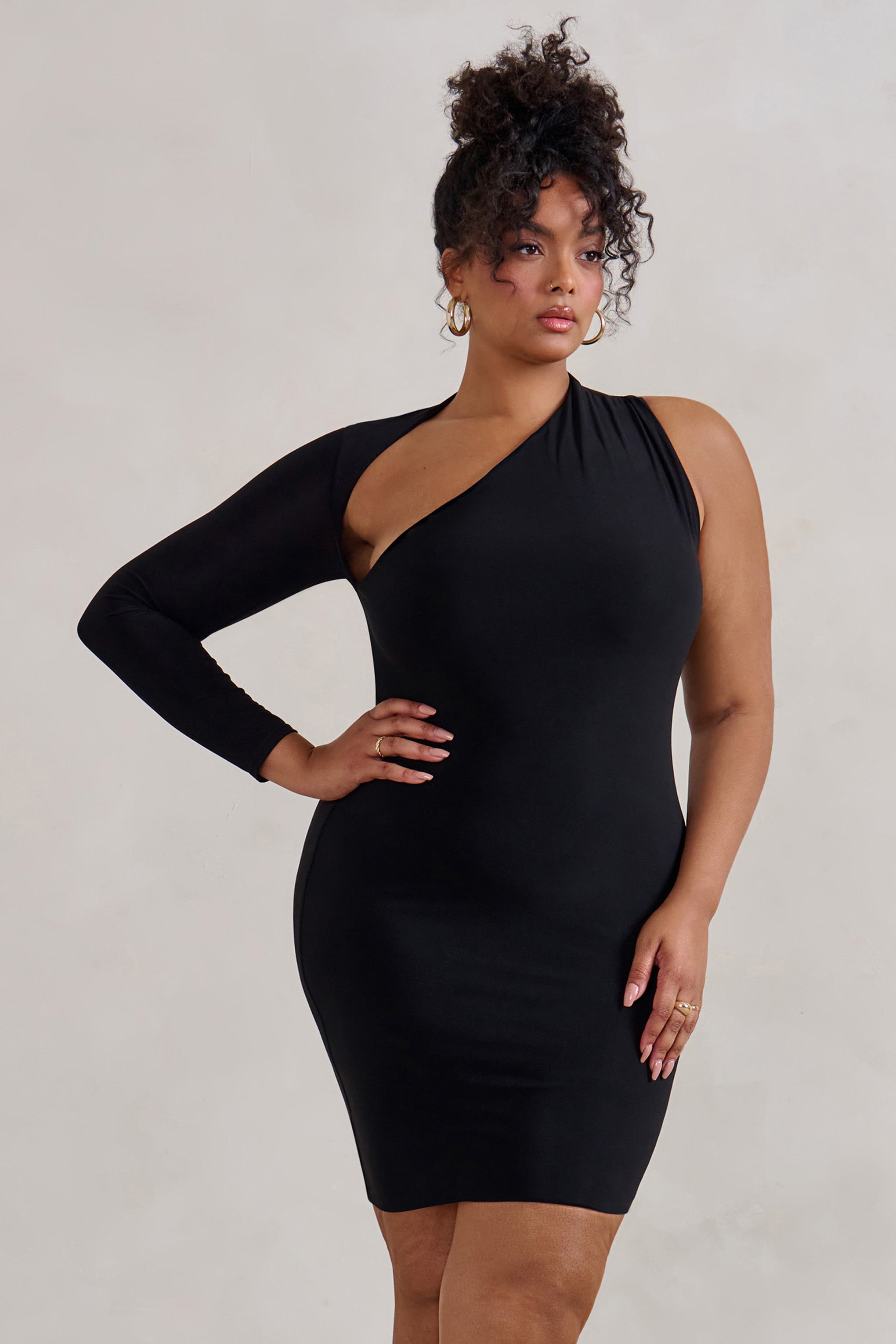 Siren | Siyah Tek Omuz Bodycon Mini Elbise