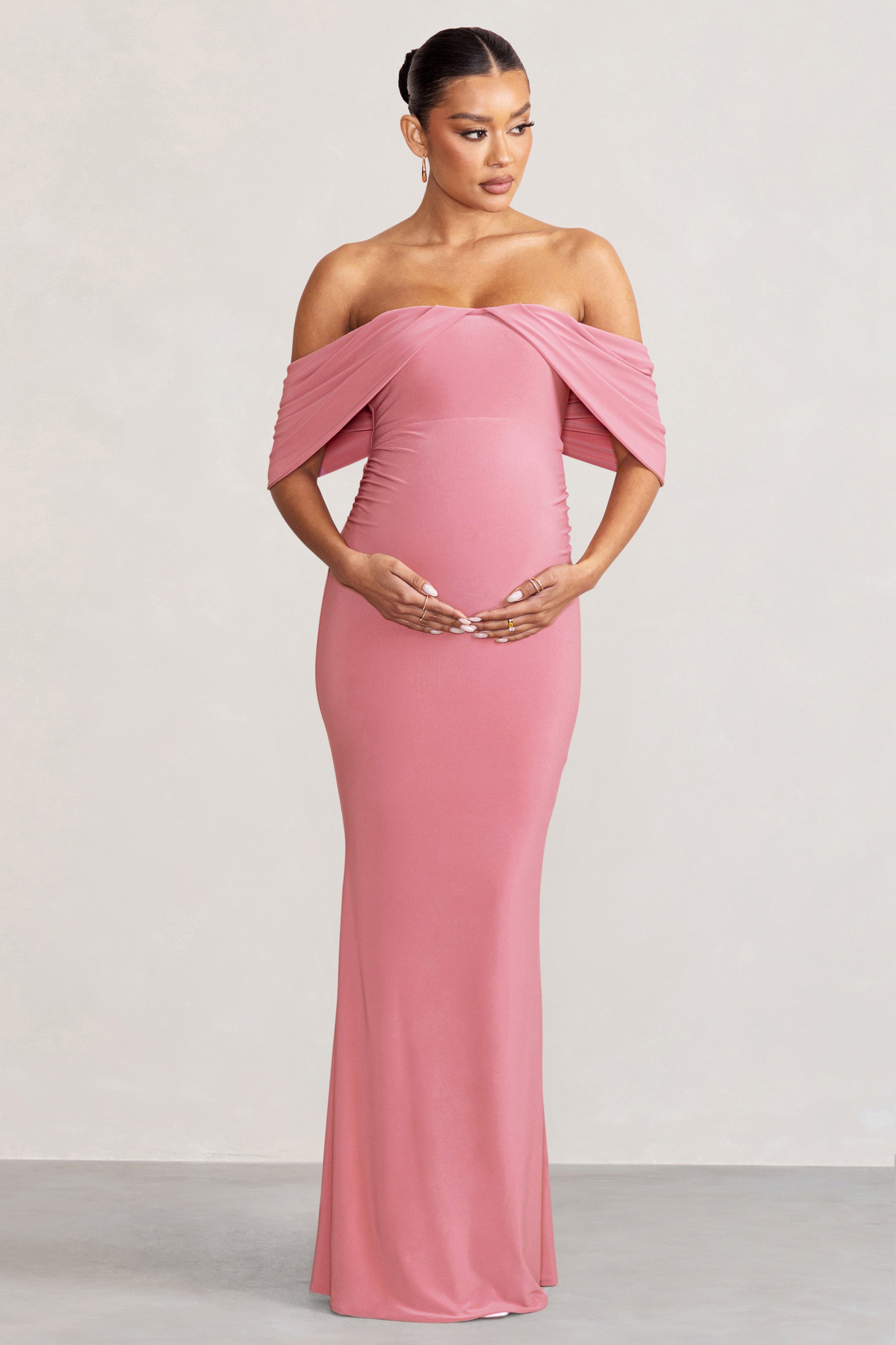 Asha | Pembe Drapeli Kol Bardot Hamile Maxi Elbise