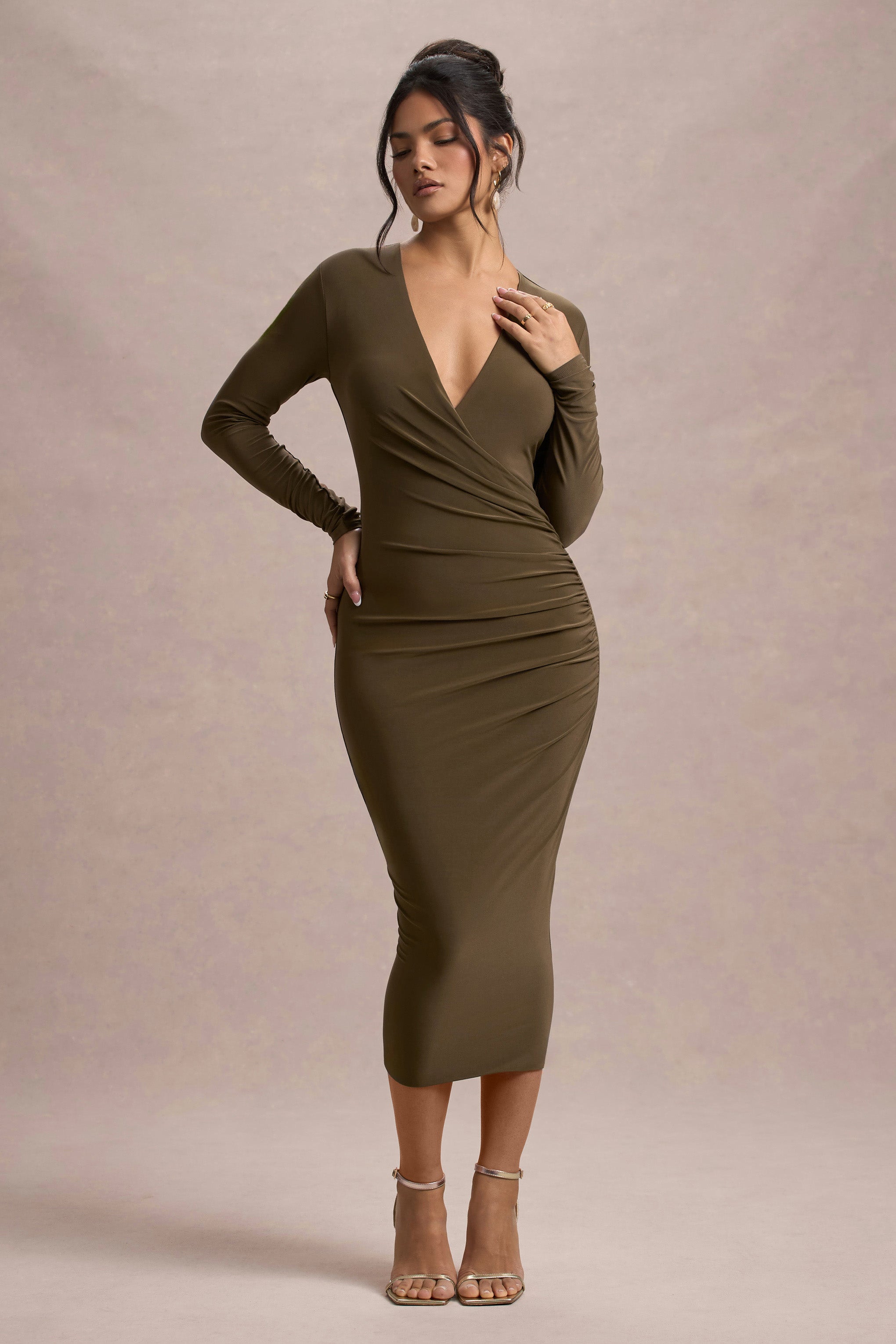 Marcia | Haki Renk Bodycon Derin Yaka Midi Elbise