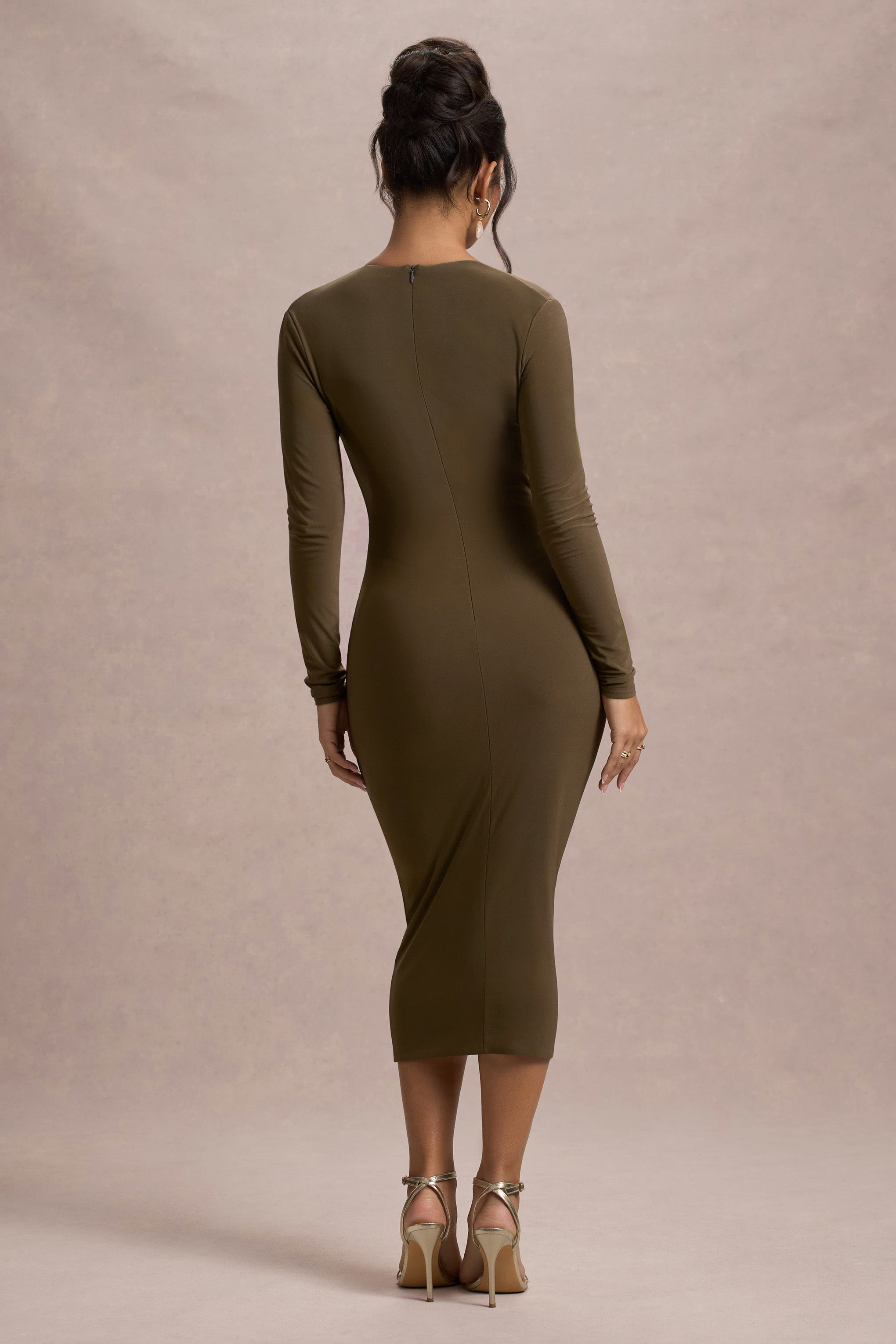 Marcia | Haki Renk Bodycon Derin Yaka Midi Elbise