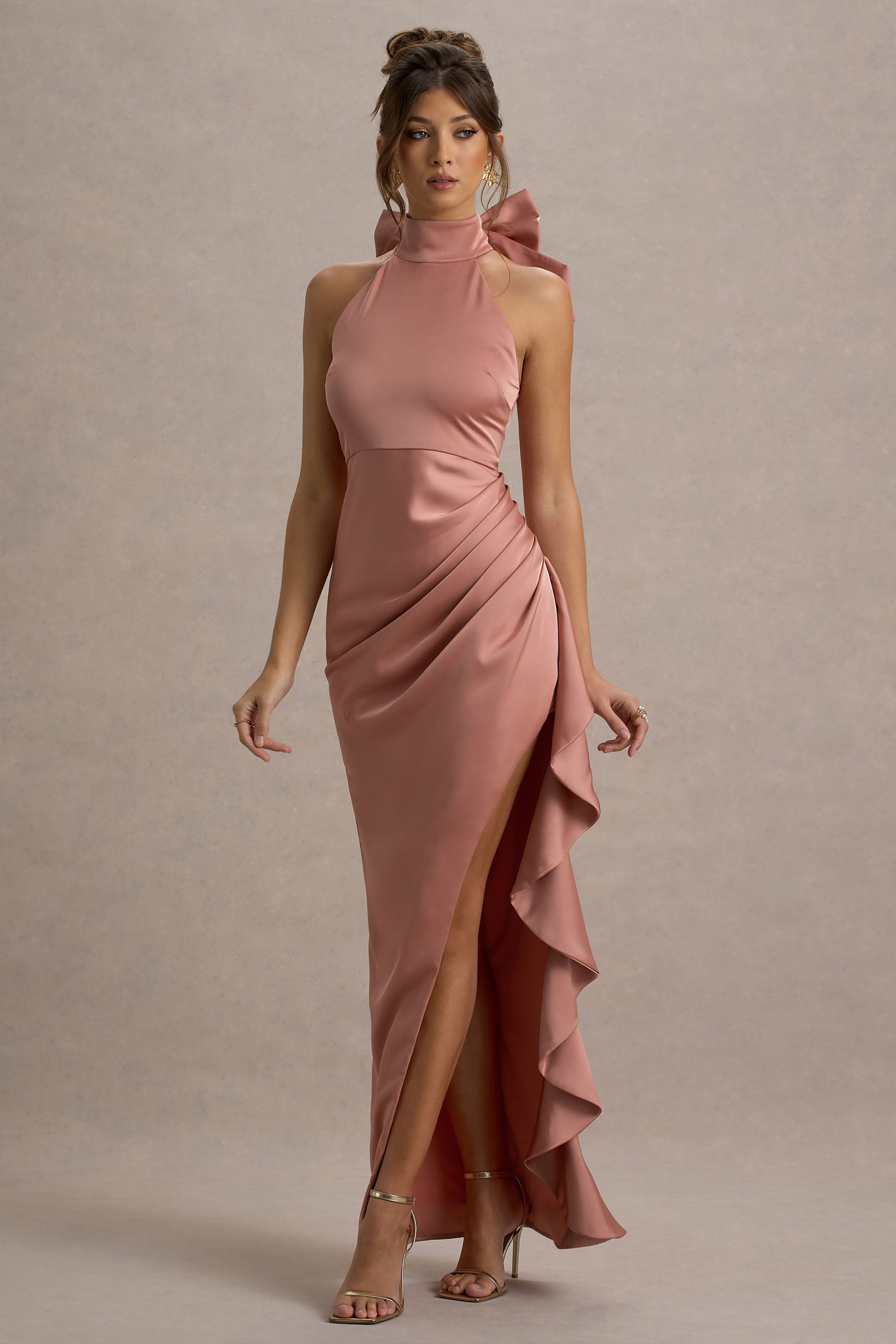 Maureen | Pembe Saten Yüksek Yaka Drapeli Maxi Elbise
