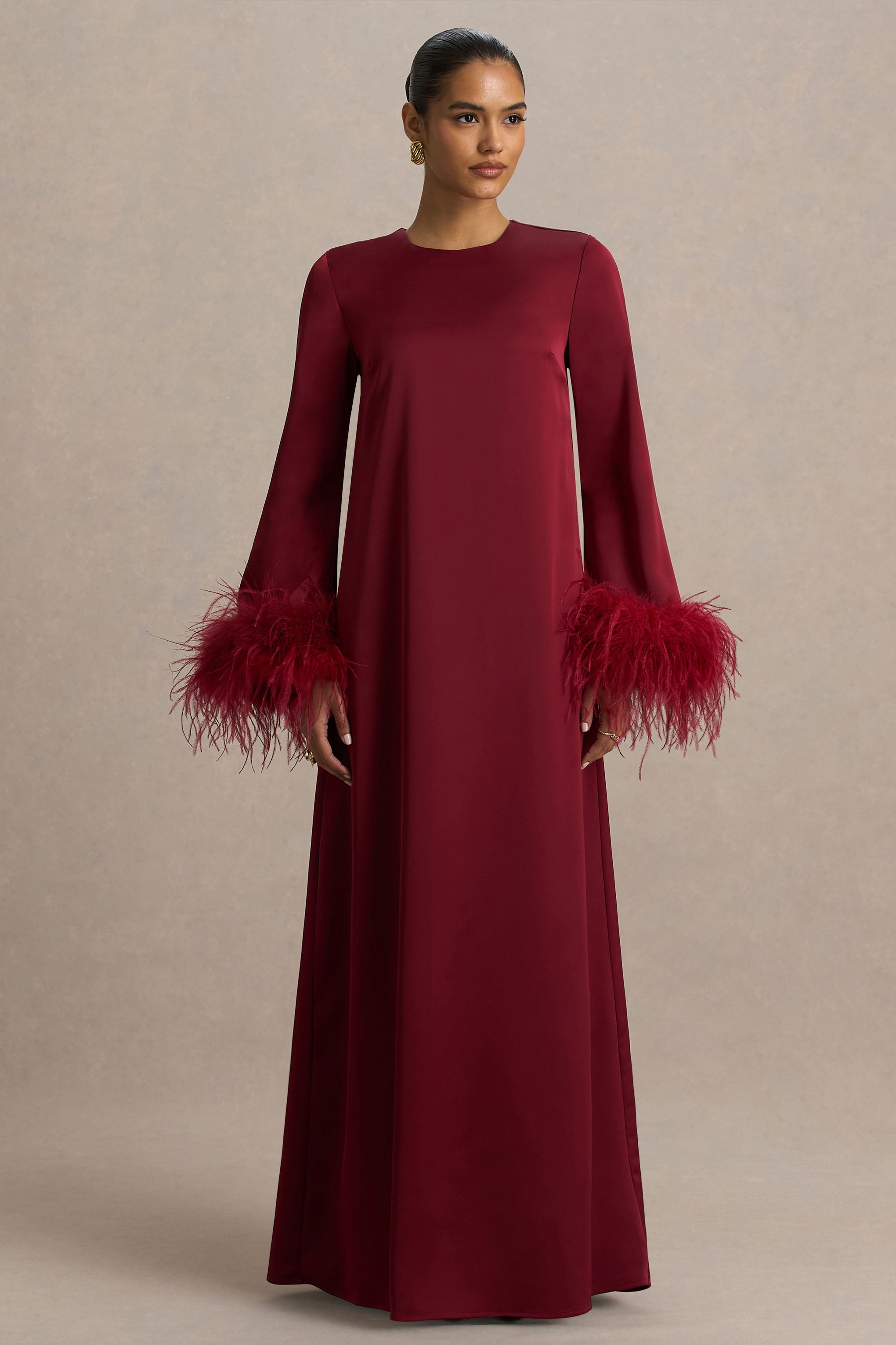 Adella | Bordo Saten Tüy Detaylı Maxi Elbise