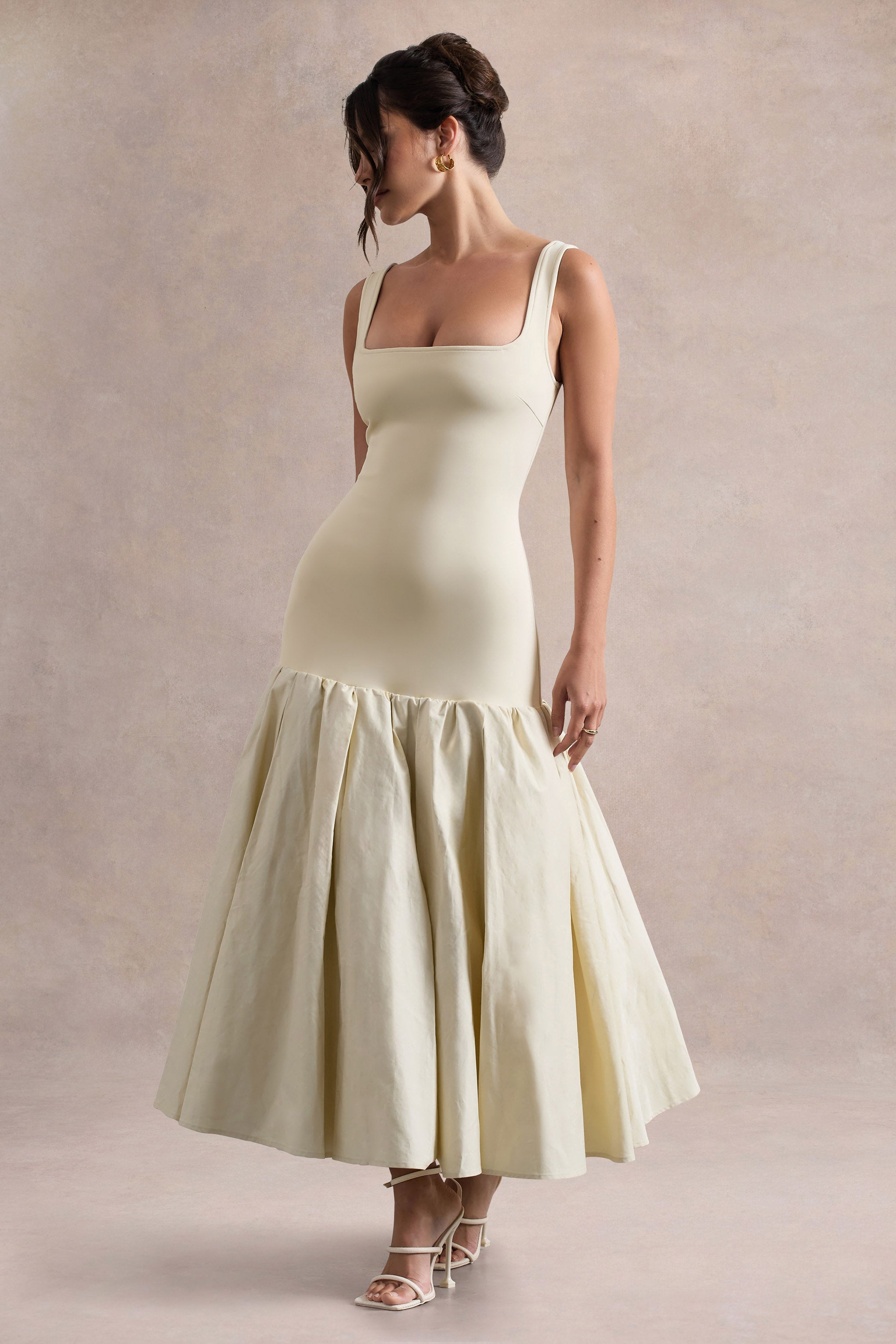 Parida | Peplum Etekli Krem Poplin Midi Elbise