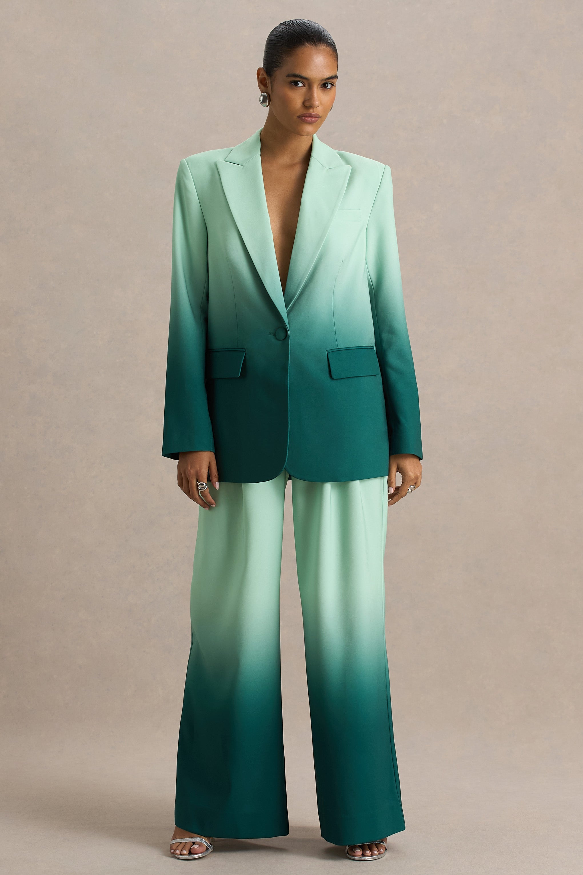 Enya | Zümrüt Ombre Derin Yaka Saten Blazer