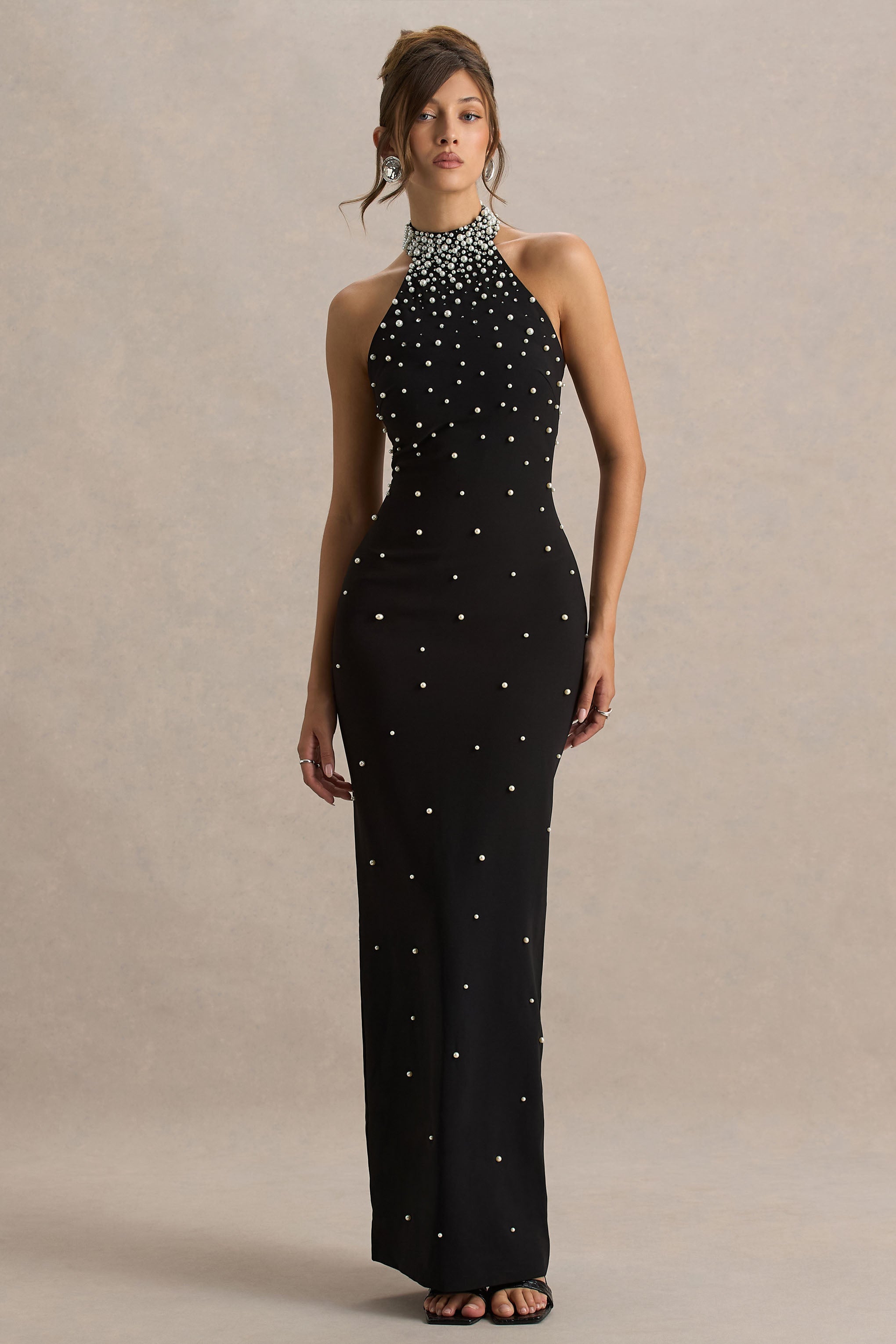 Dani | Siyah Süslemeli Halter Yaka Maxi Elbise