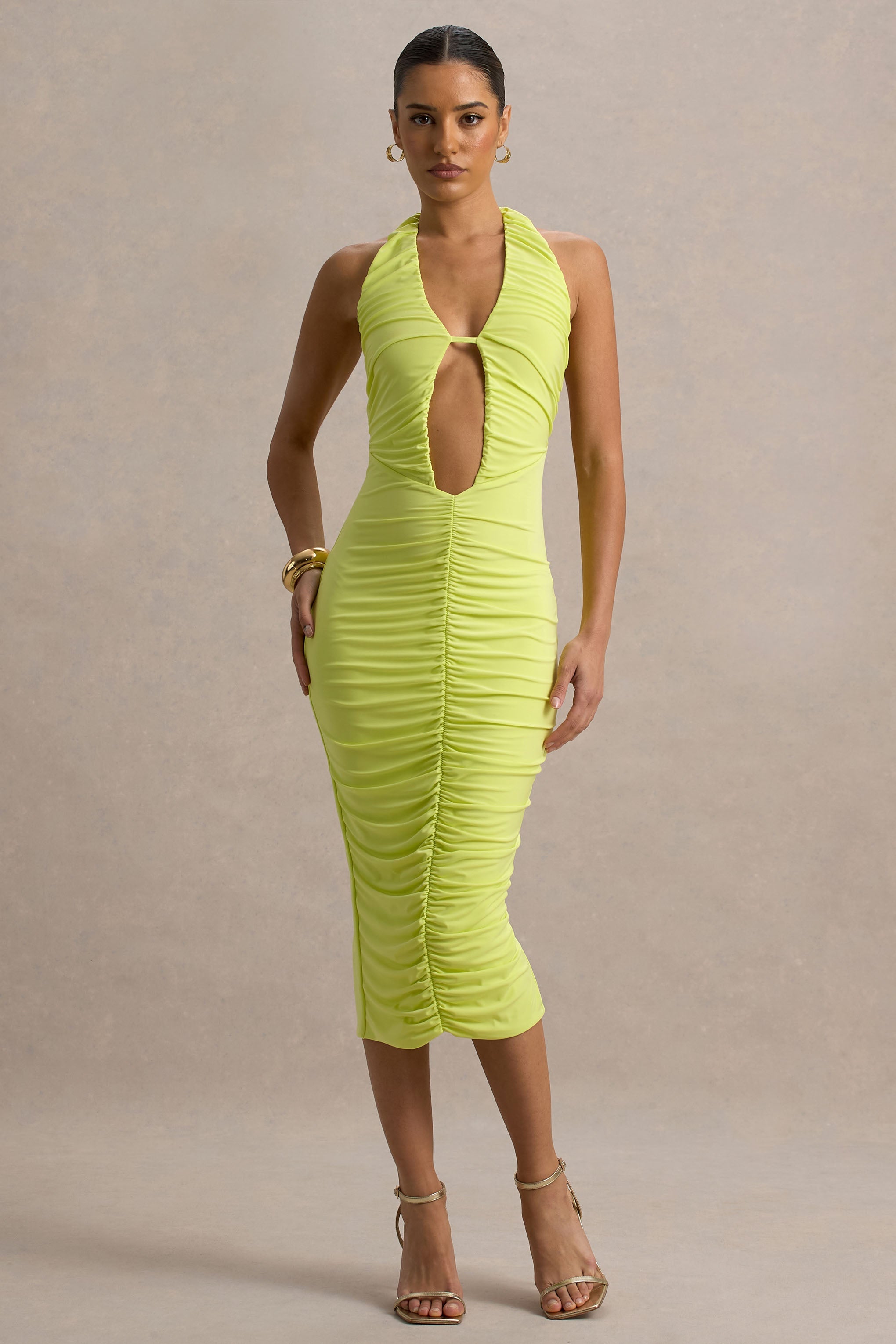 Anaisa | Lime Yeşili Derin Yaka Halter Midi Elbise