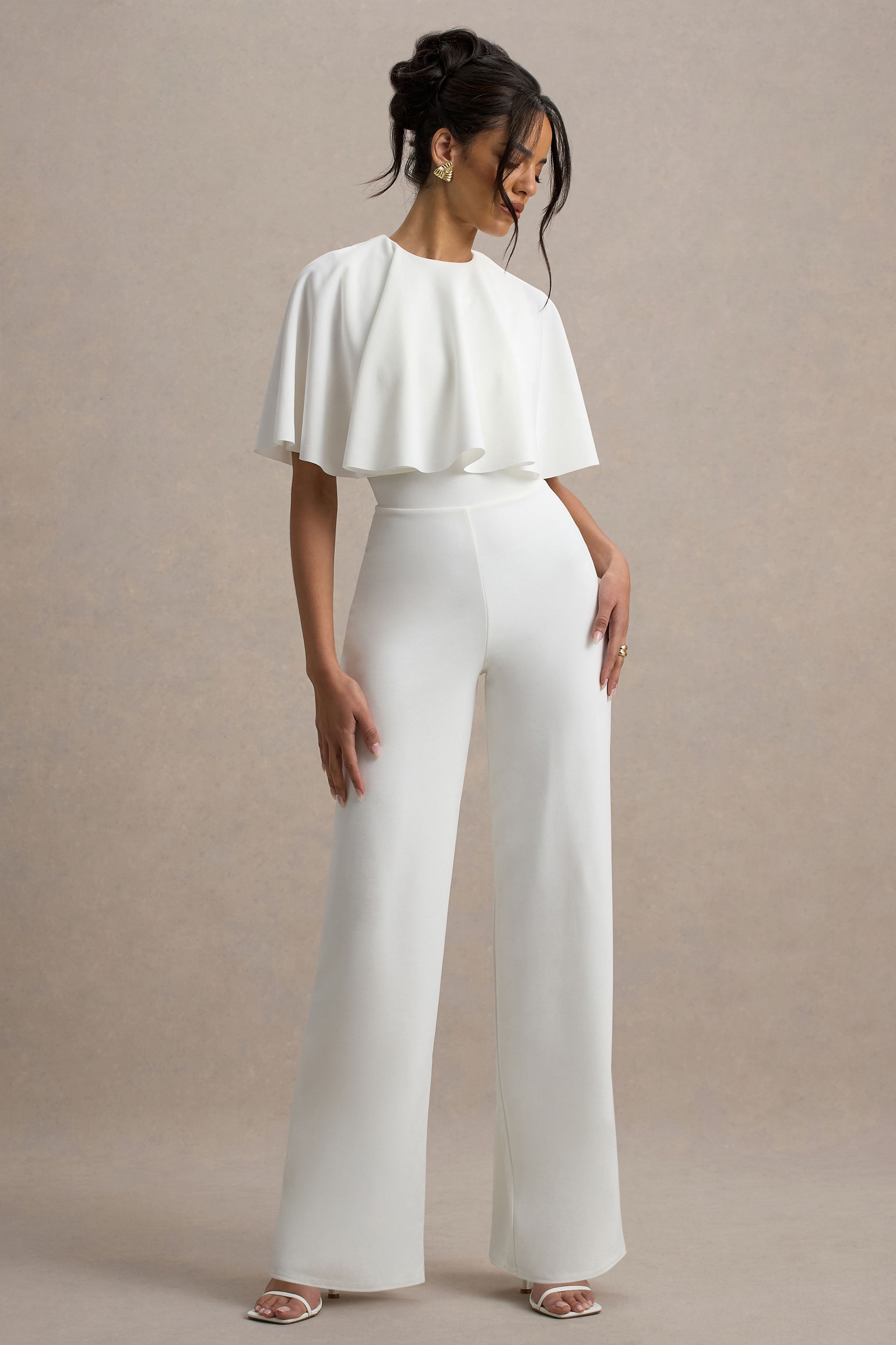 Leanna | Beyaz Düz Paça Jumpsuit Pelerin ile