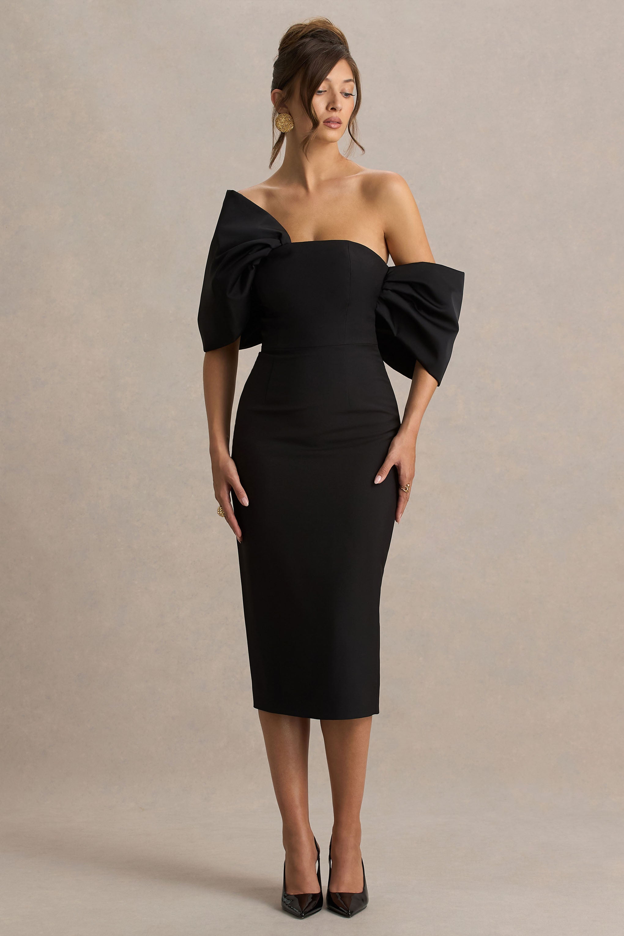 Lucille | Siyah Asimetrik Bardot Midi Elbise