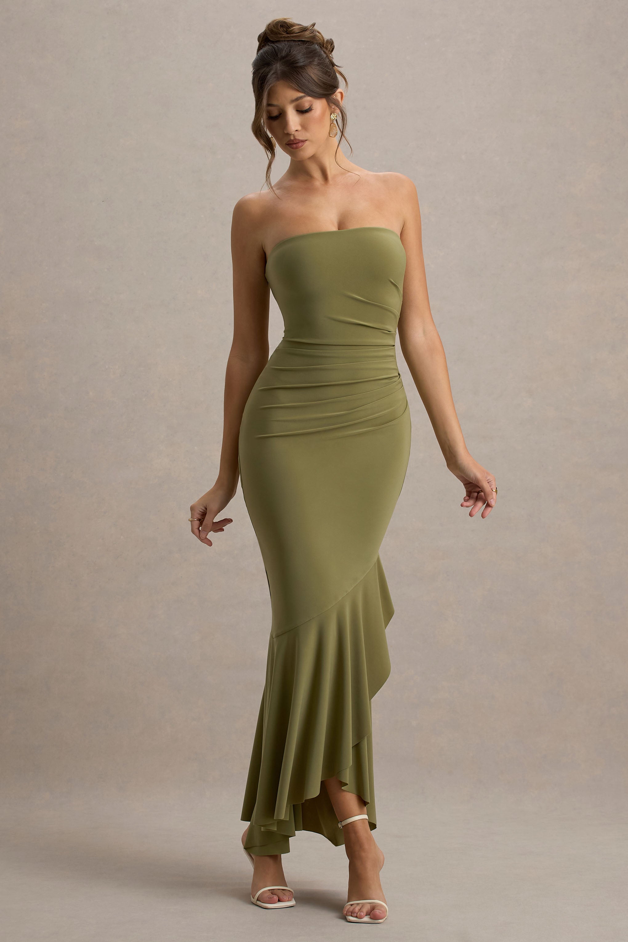 Capria | Zeytin Yeşili Bandeau Sarma Maxi Elbise