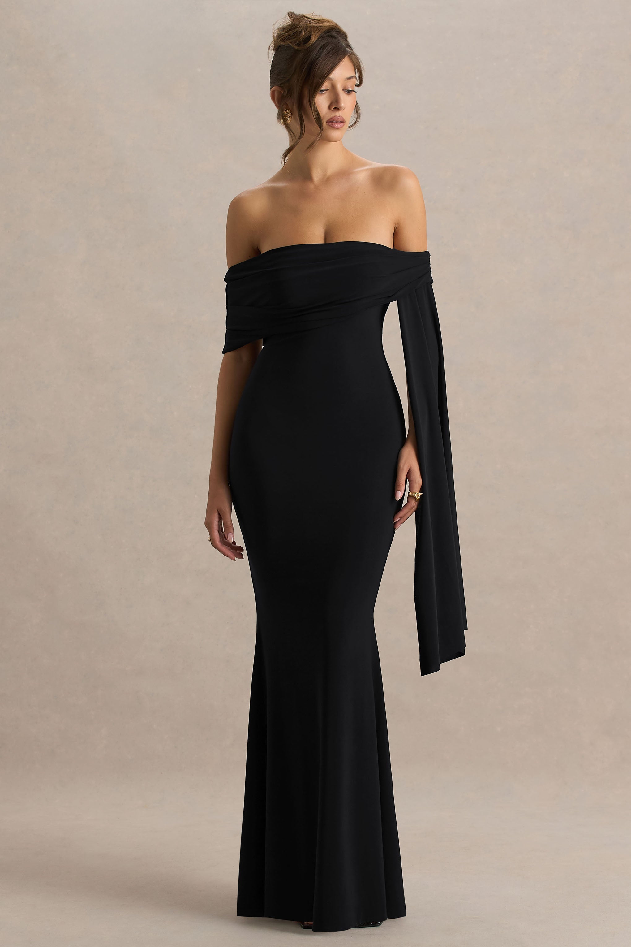 Saffina | Sash Detaylı Siyah Bardot Yaka Maxi Elbise