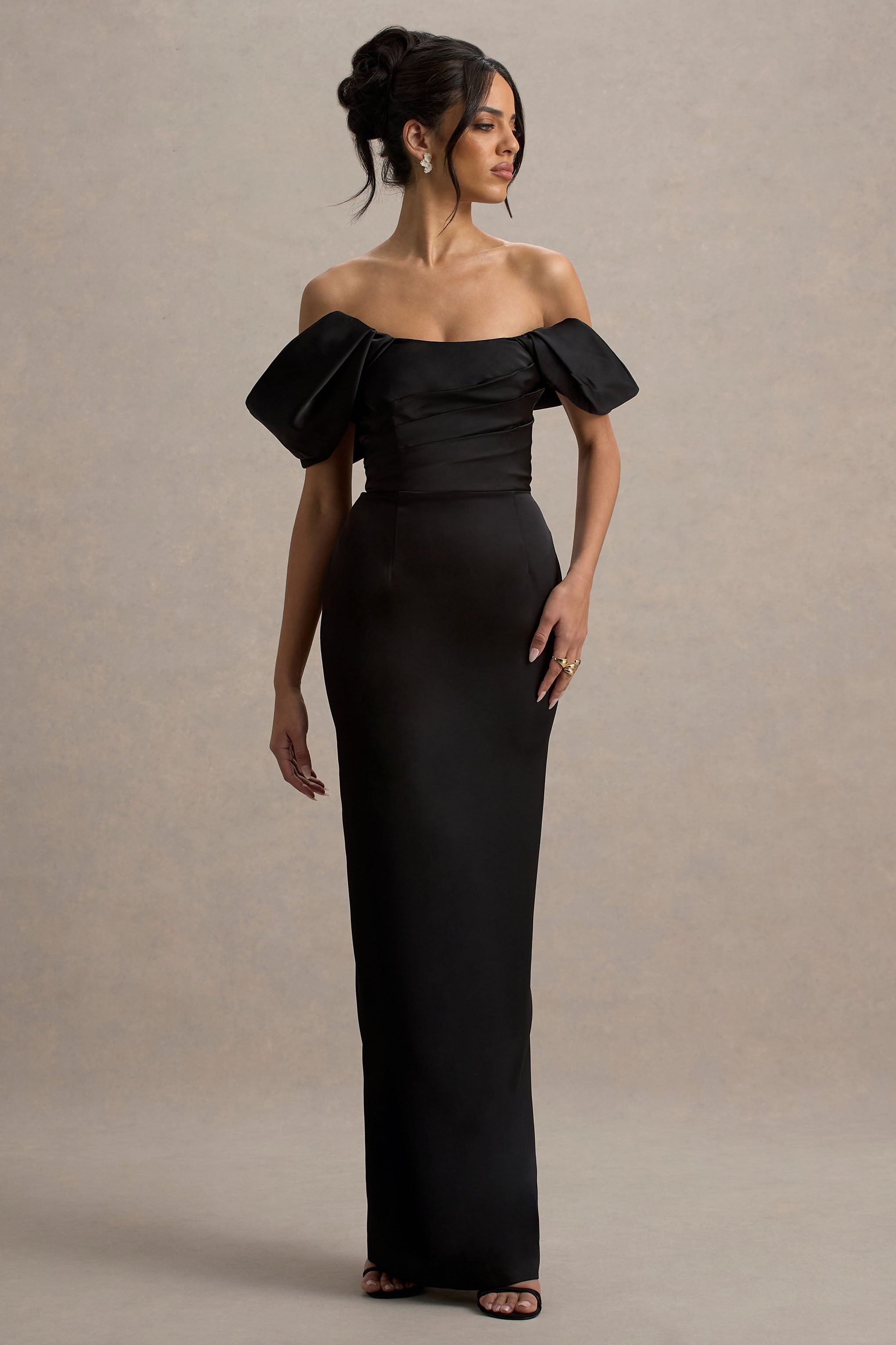 Annita | Siyah Saten Bardot Maxi Elbise