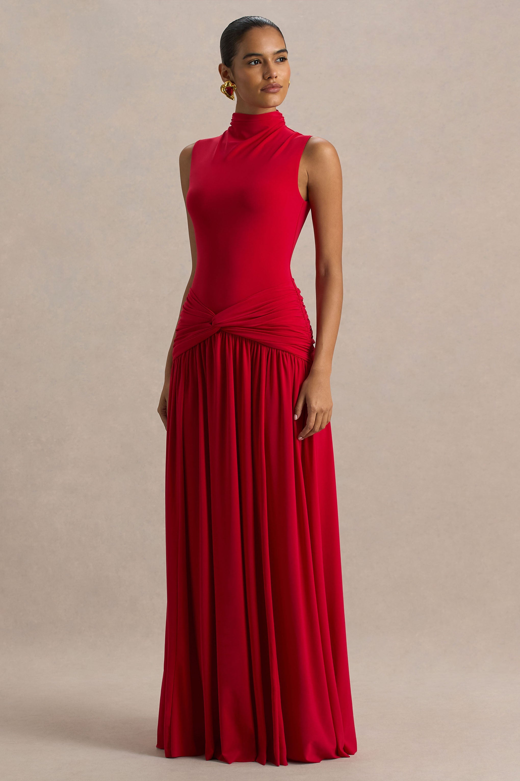 Cascade | Kırmızı Yüksek Yaka Maxi Elbise Twist Detaylı