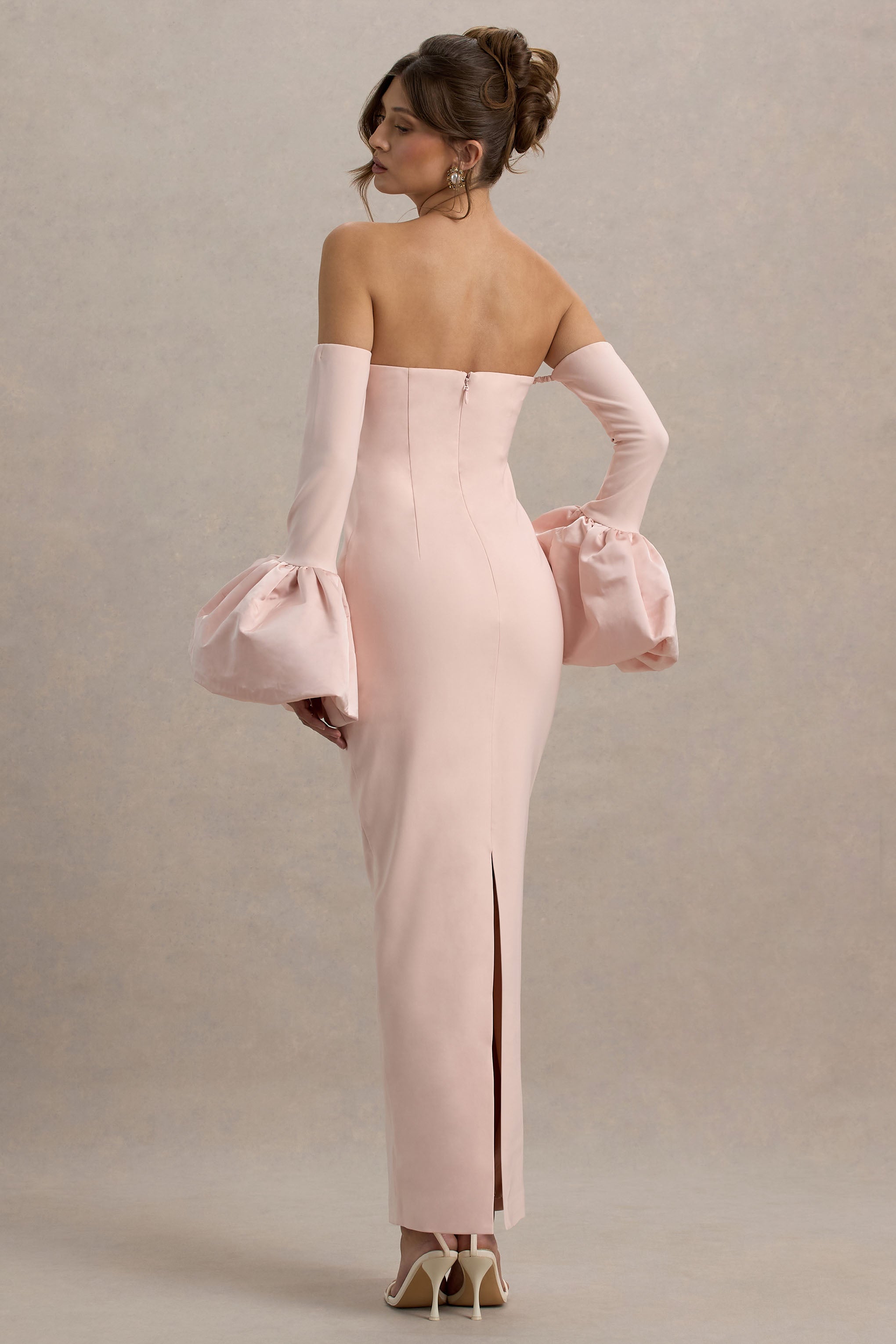 Myah | Pembe Bandeau Uzun Kollu Maxi Elbise Puff Manşetlerle