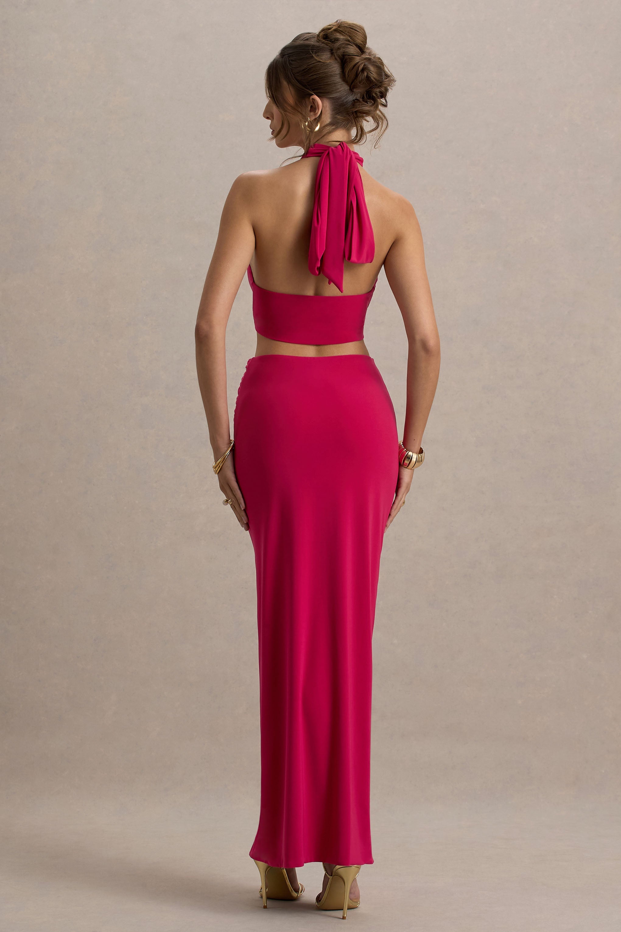 Aura | Sıcak Pembe Halter Yaka Kesik Maxi Elbise