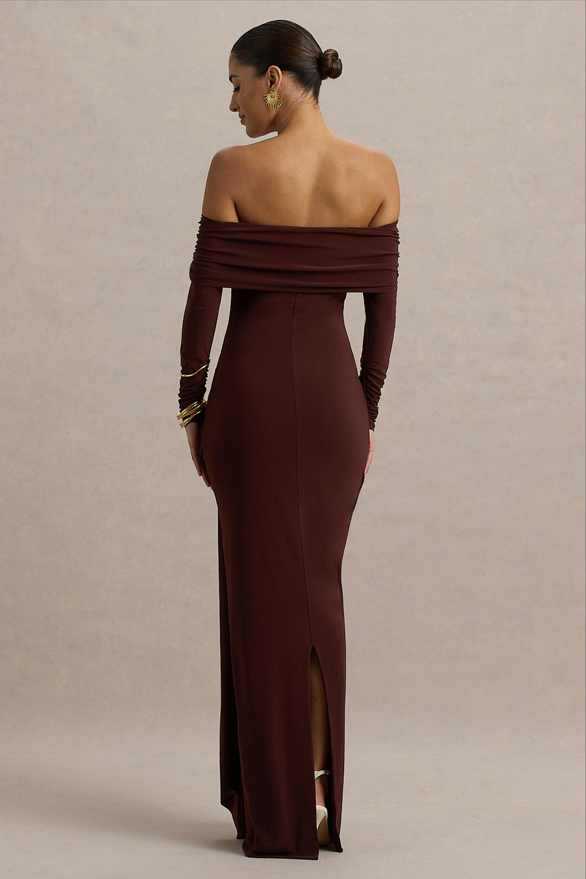 Jovie | Sash Detaylı Kahverengi Bardot Sarma Maxi Elbise