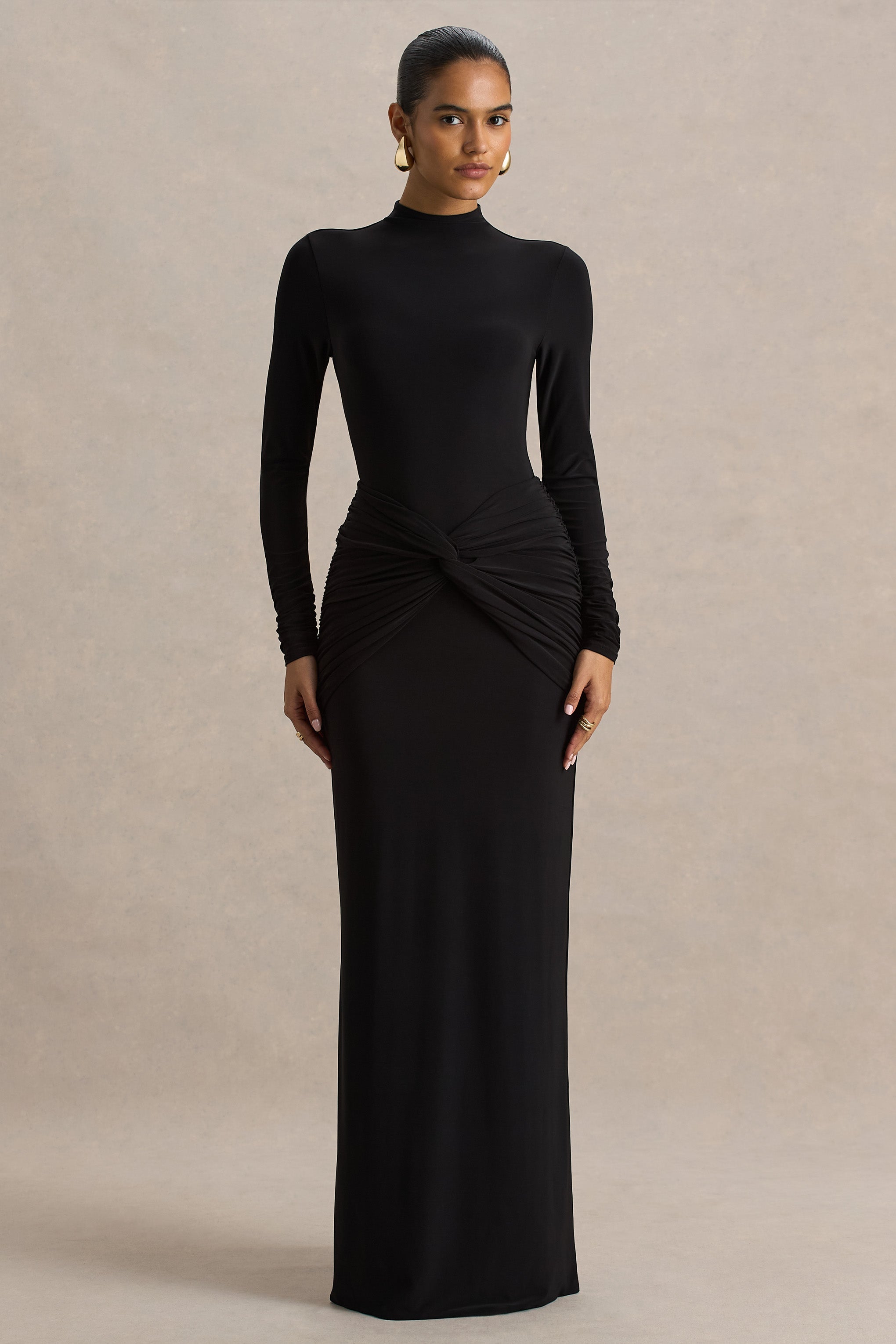 Alula | Twist Detaylı Siyah Yüksek Yaka Maxi Elbise