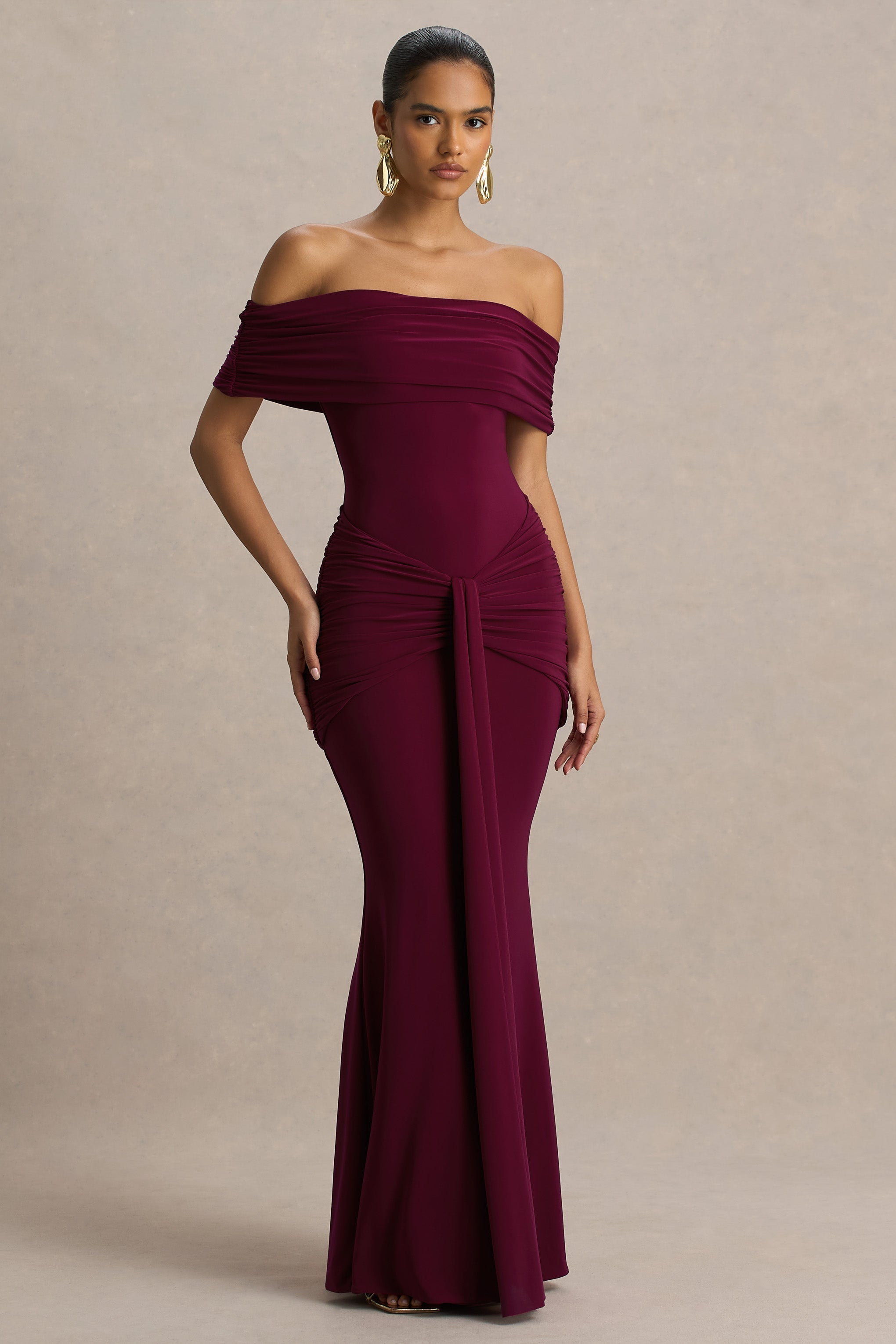 Hayal Edilen | K gathered ve Drape Detaylı Bordo Bardot Yaka Maxi Elbise