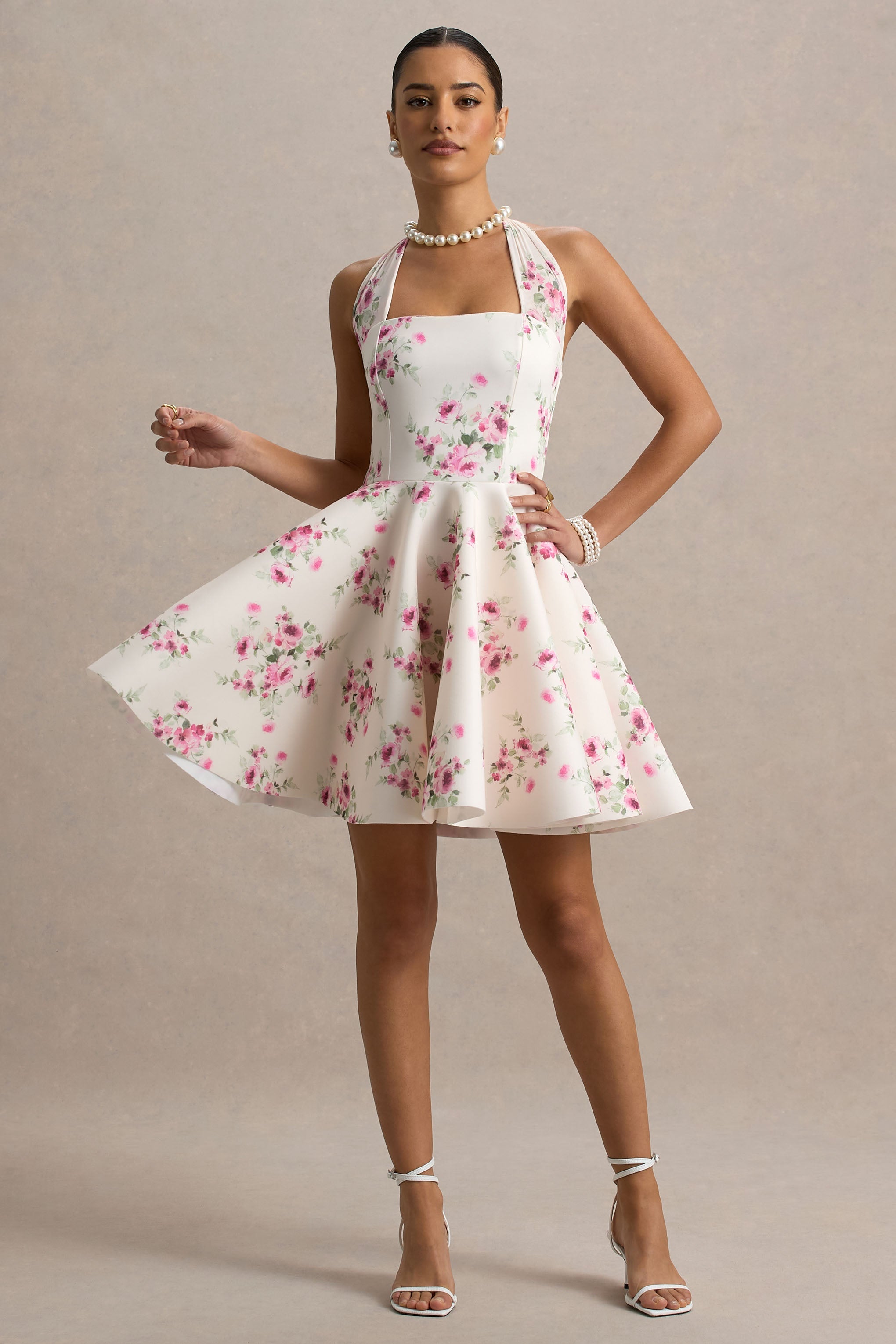 Peggy | Krem ve Pembe Halter Yaka Mini Elbise
