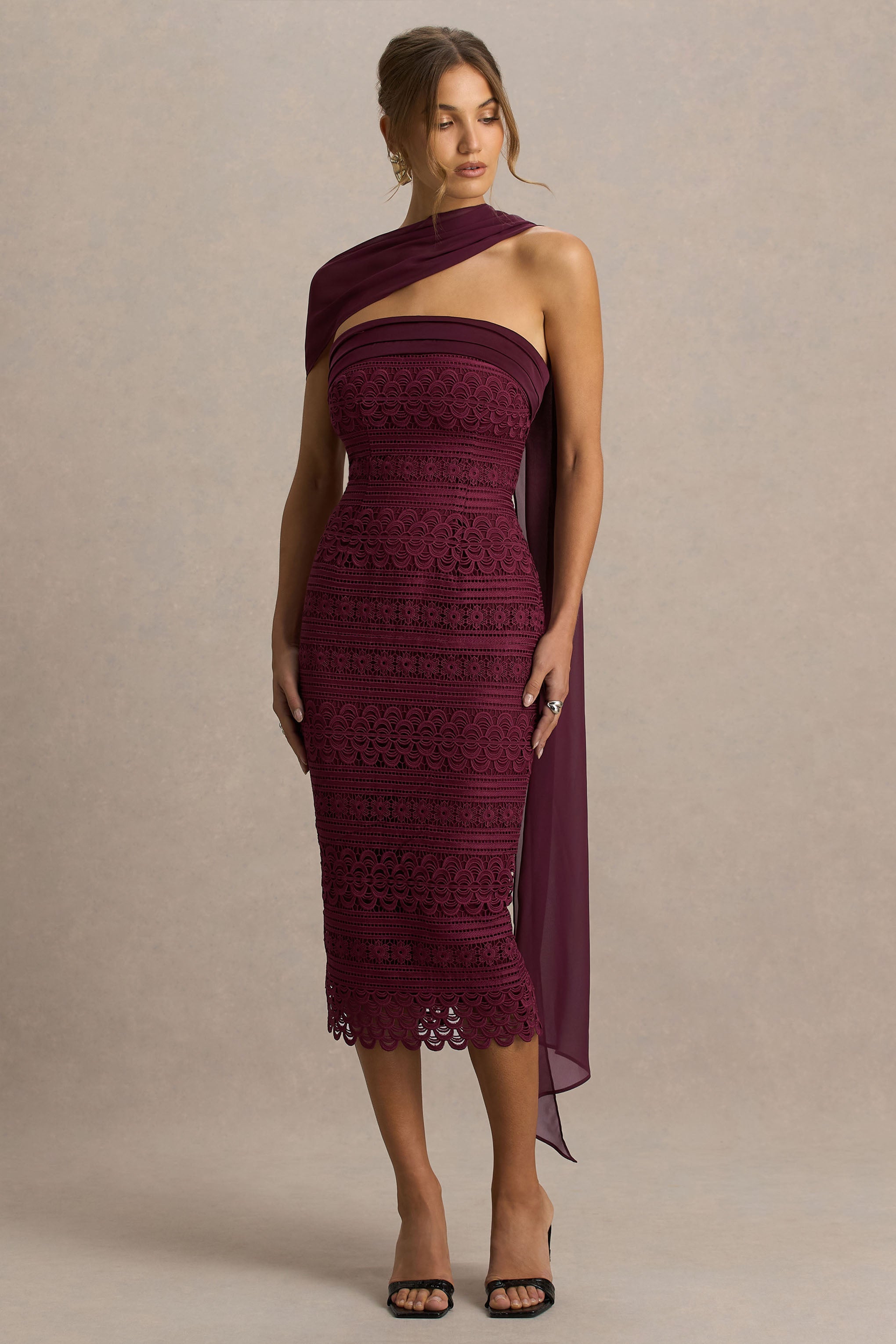 Secret | Bordo Bandeau Dantel Midi Elbise Şal Detaylı