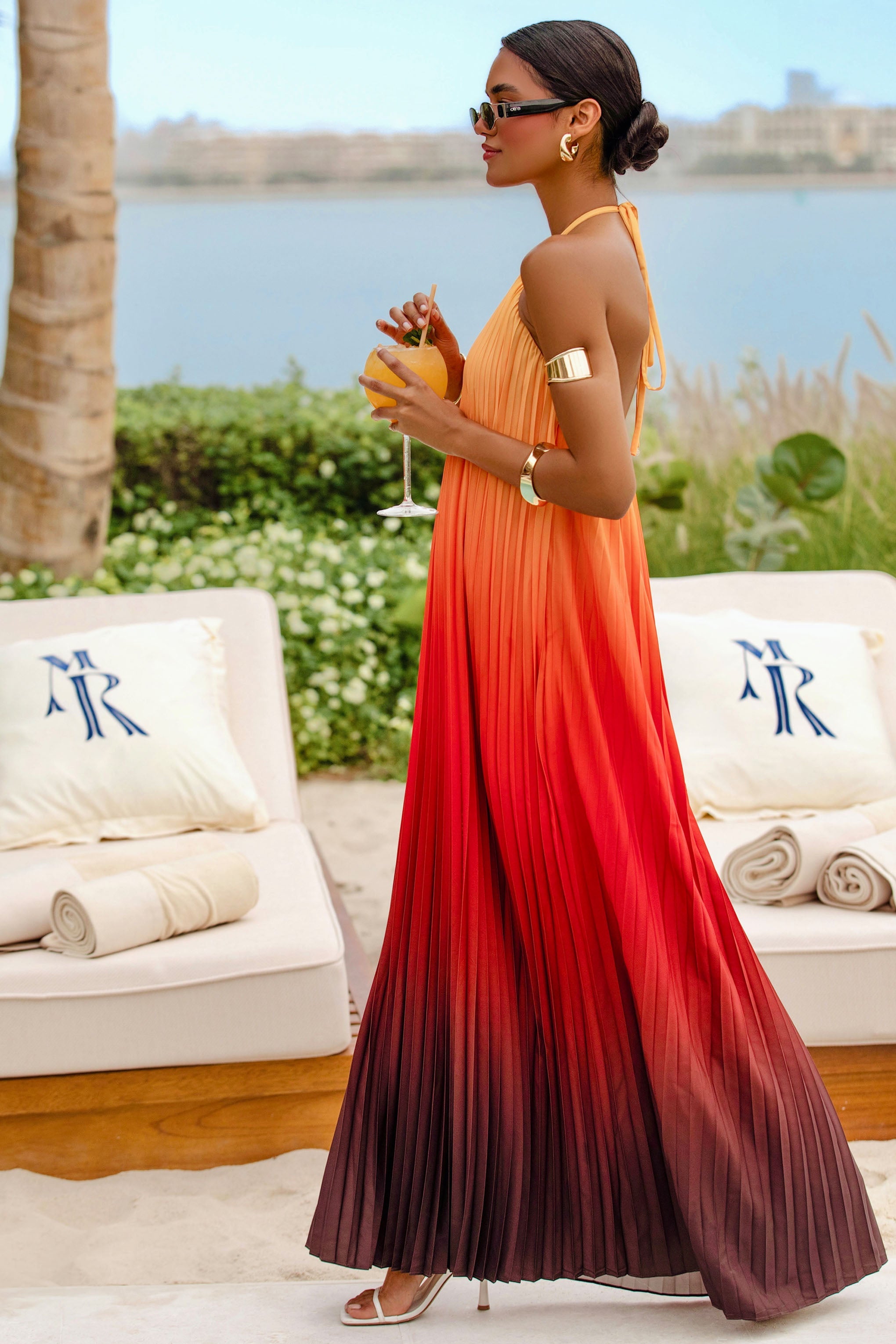 Anacapri | Turuncu Ombre Halter Yaka Sırt Açık Maxi Elbise