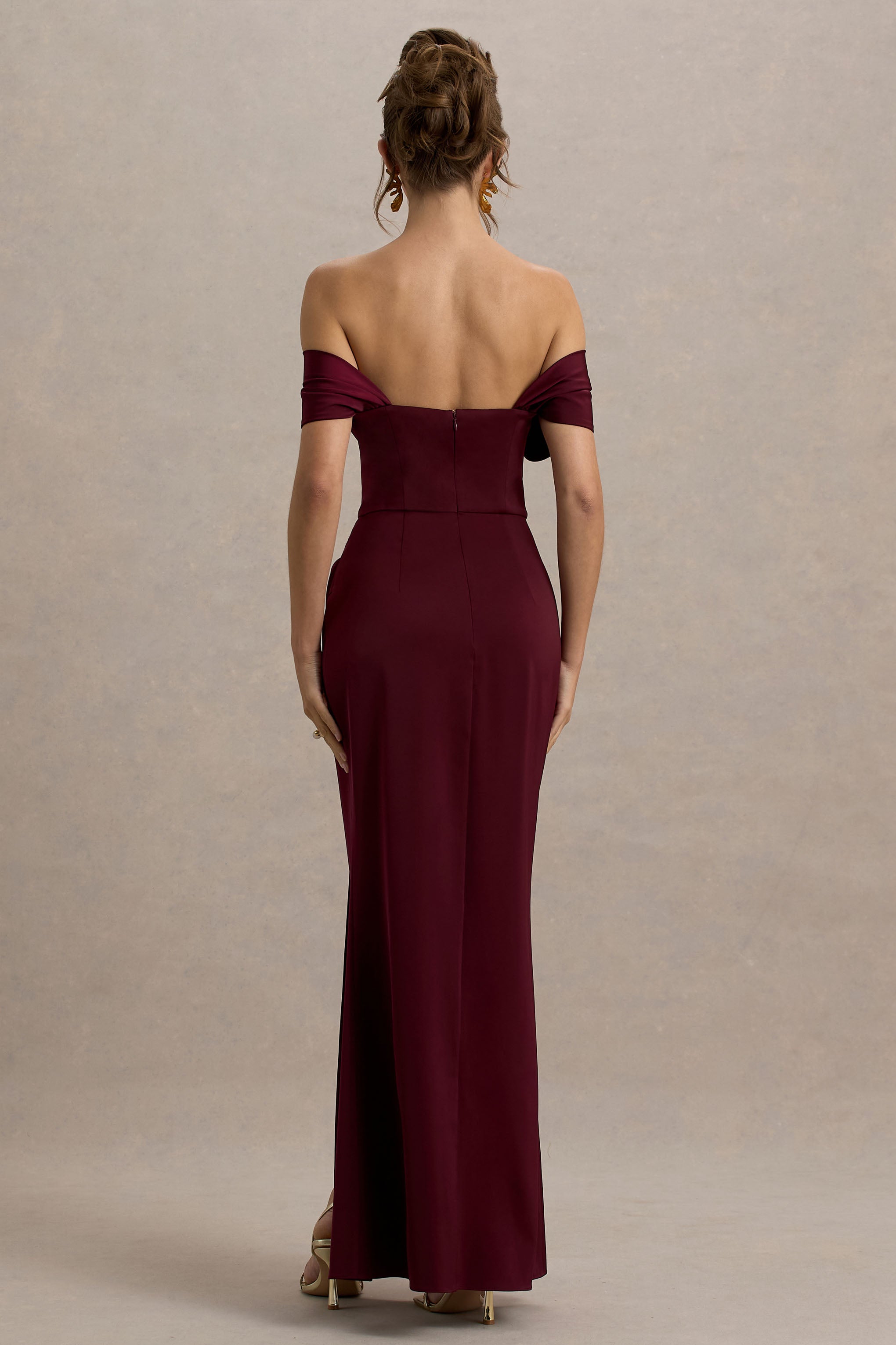 Annie | Yırtmaçlı Bordo Saten Bardot Maxi Elbise