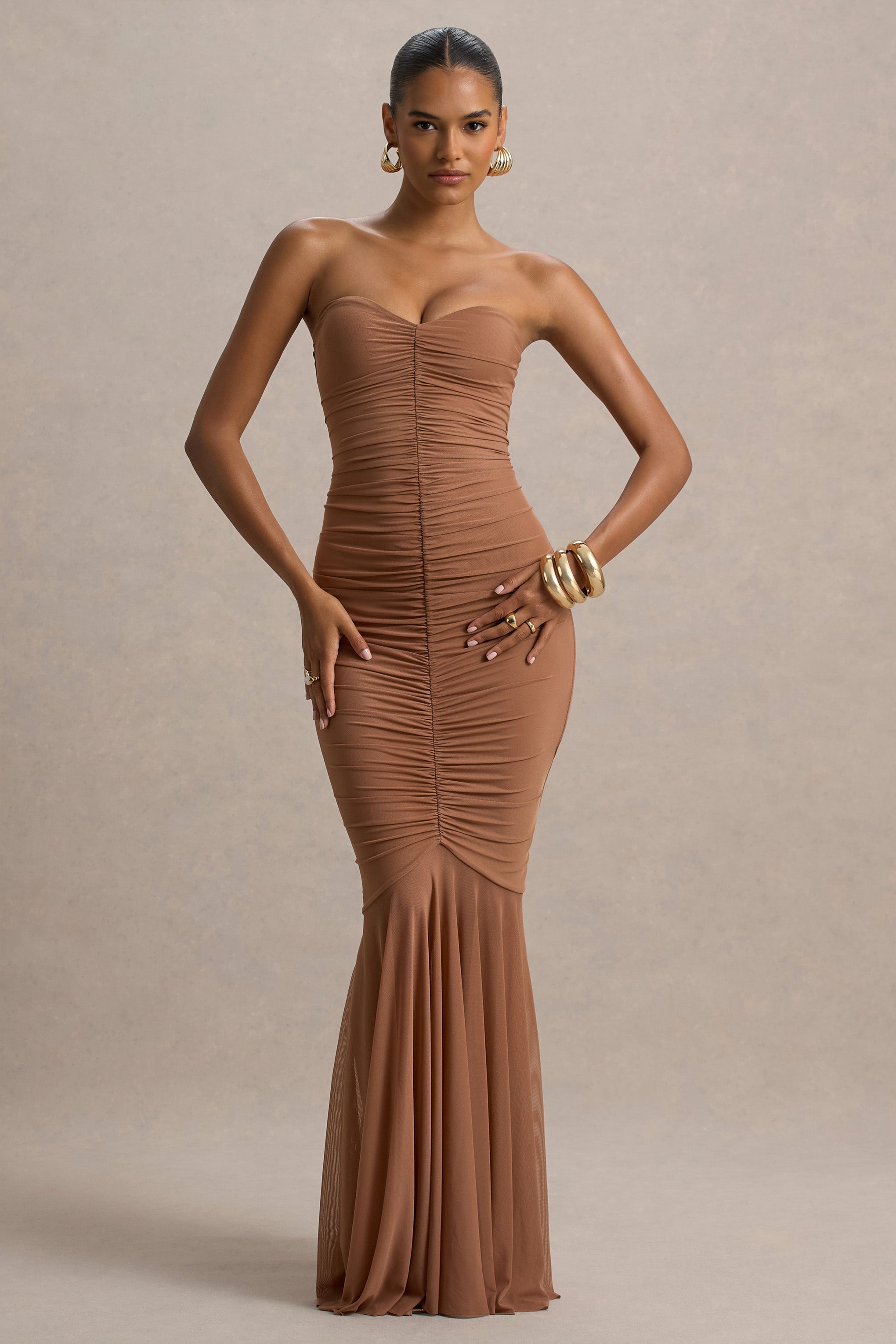 Talisa | Dantel Kenar Detaylı Mocha Ruchingli Fishtail Maxi Elbise