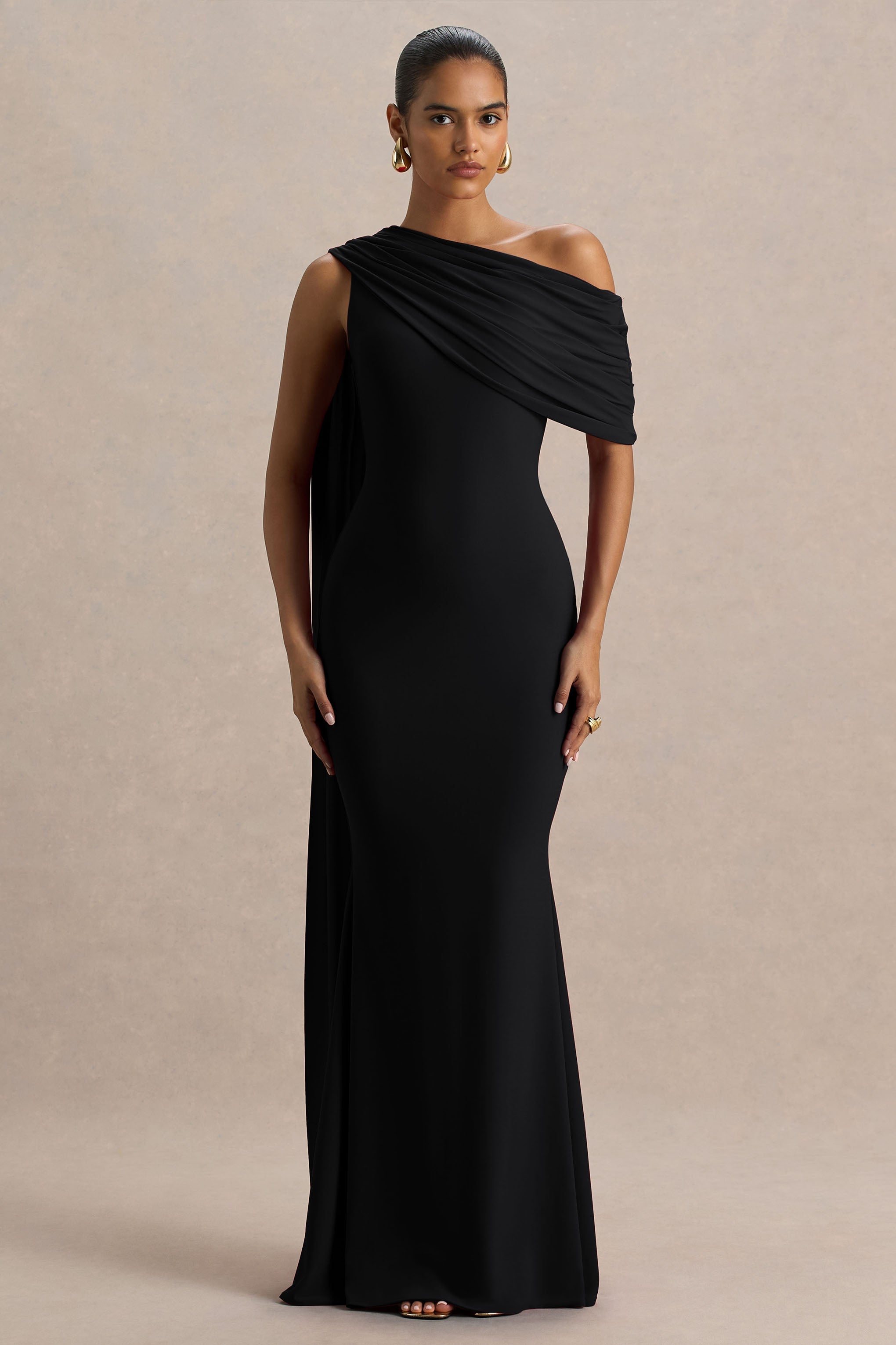 Zendaya | Siyah Asimetrik Yaka Kuşak Detaylı Fishtail Maxi Elbise