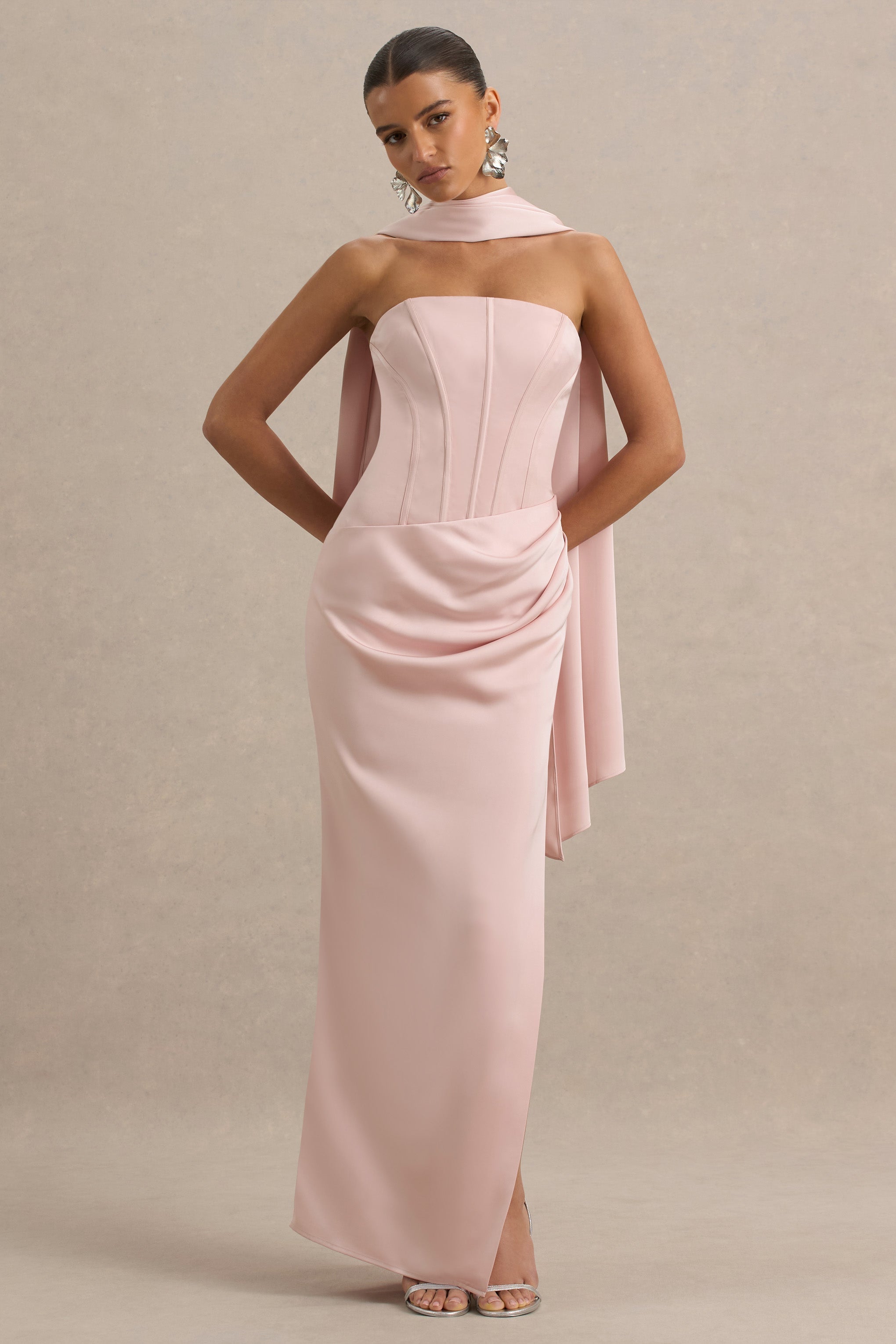 Joseline | Soluk Pembe Saten Korse Sarma Maxi Elbise Şal ile