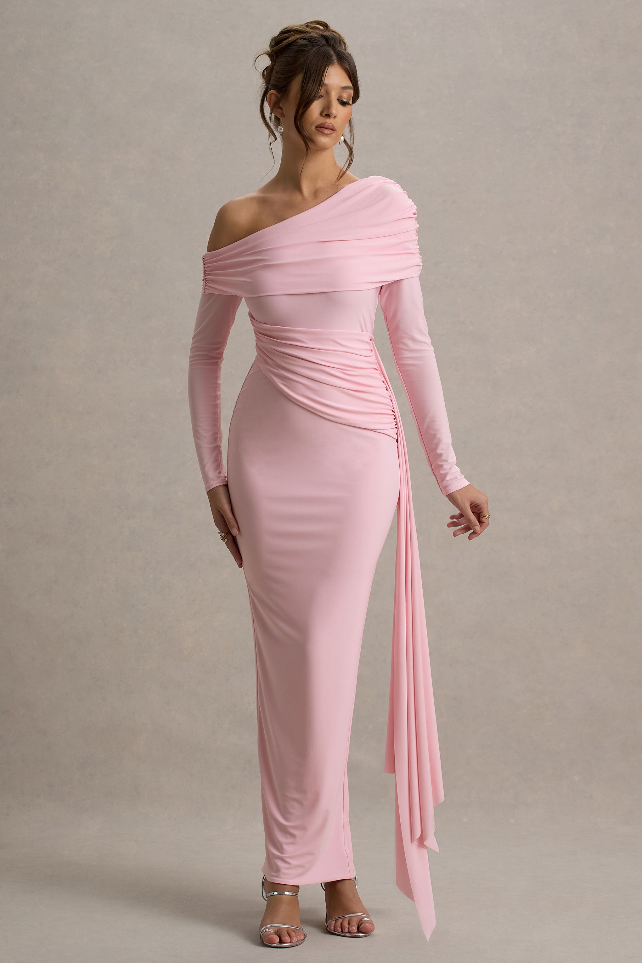 Valina | Drapeli Pembe Asimetrik Maxi Elbise