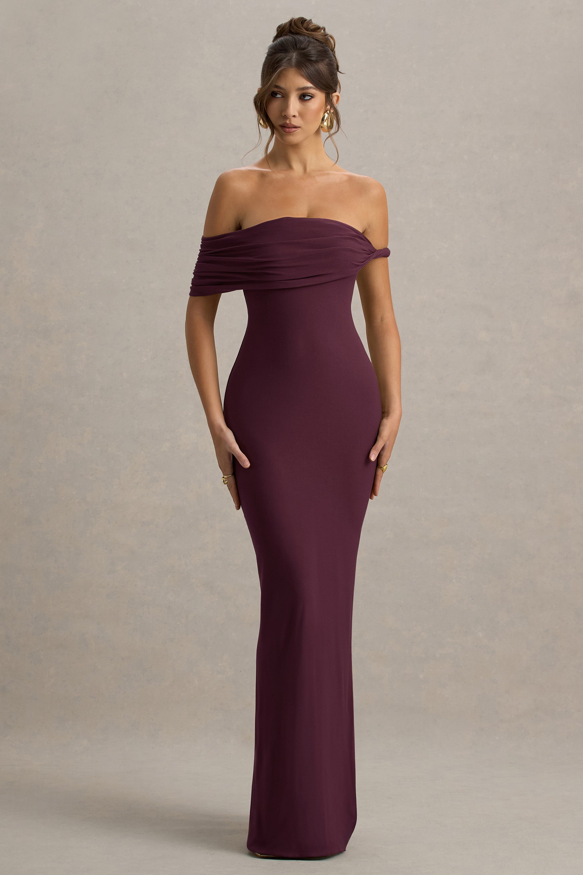 Melika | Bordo Kıvrımlı Bardot Maxi Elbise