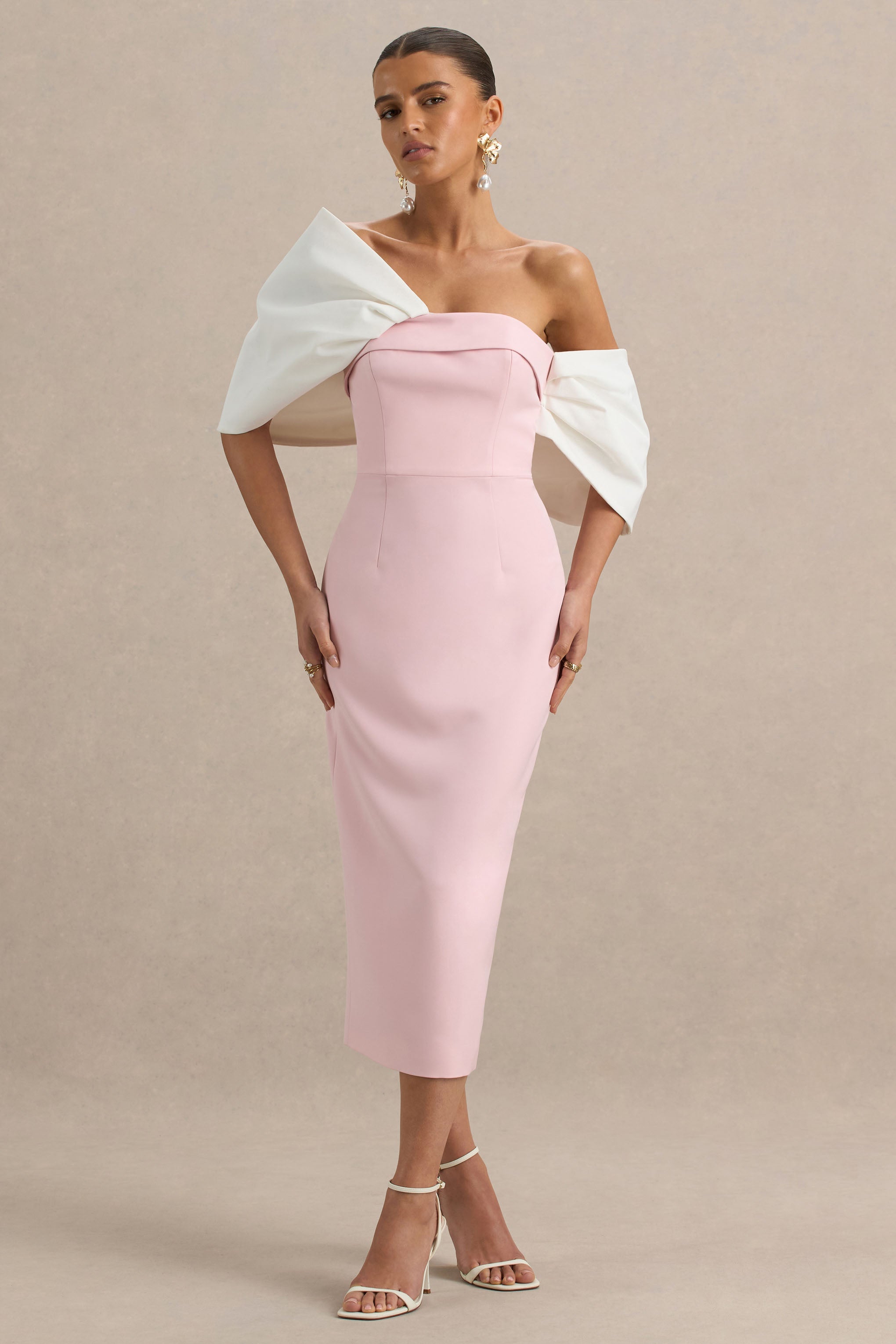 Lucille | Pembe ve Beyaz Asimetrik Bardot Midi Elbise