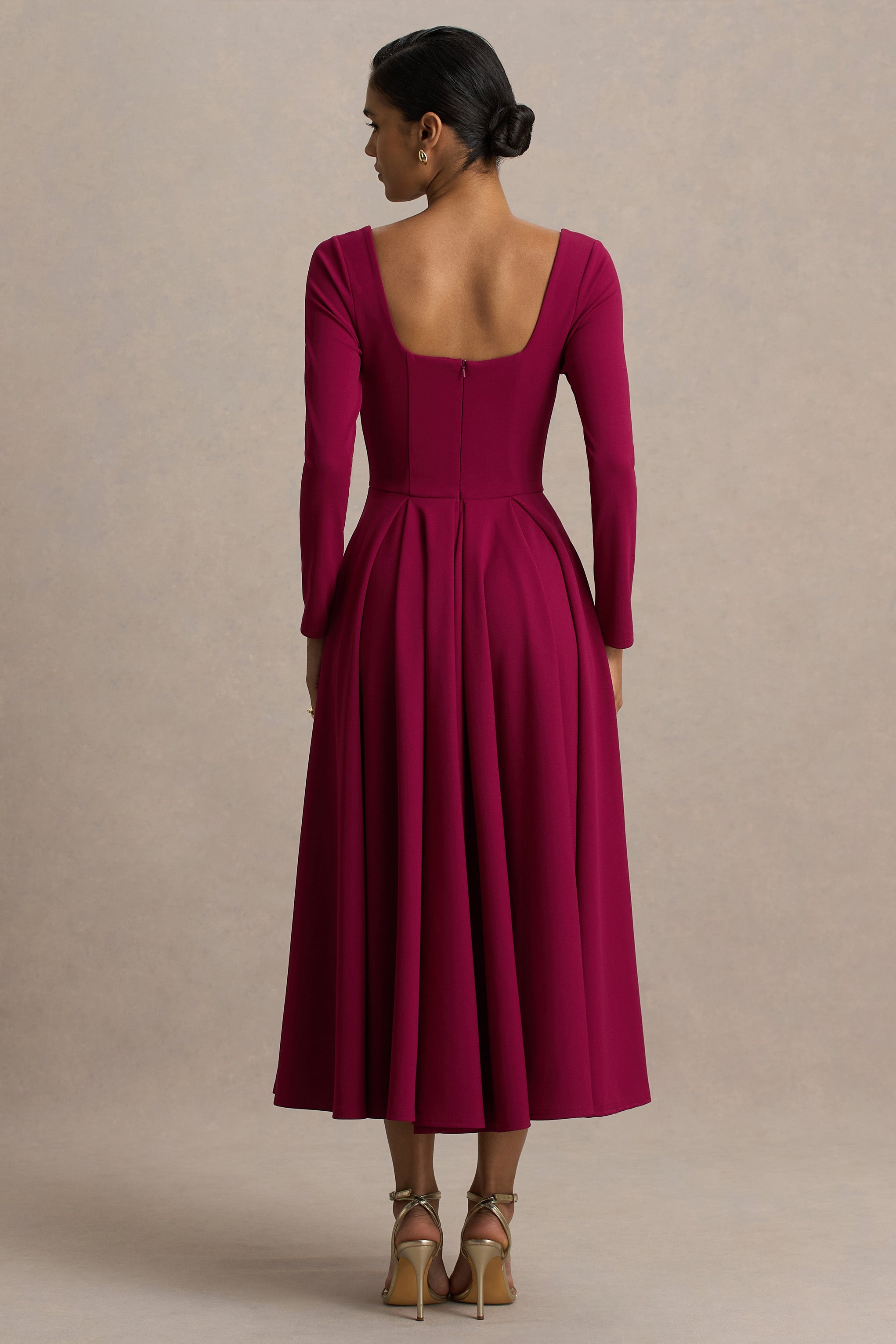 Alison | Bordo Kare Yaka A-Line Midi Elbise
