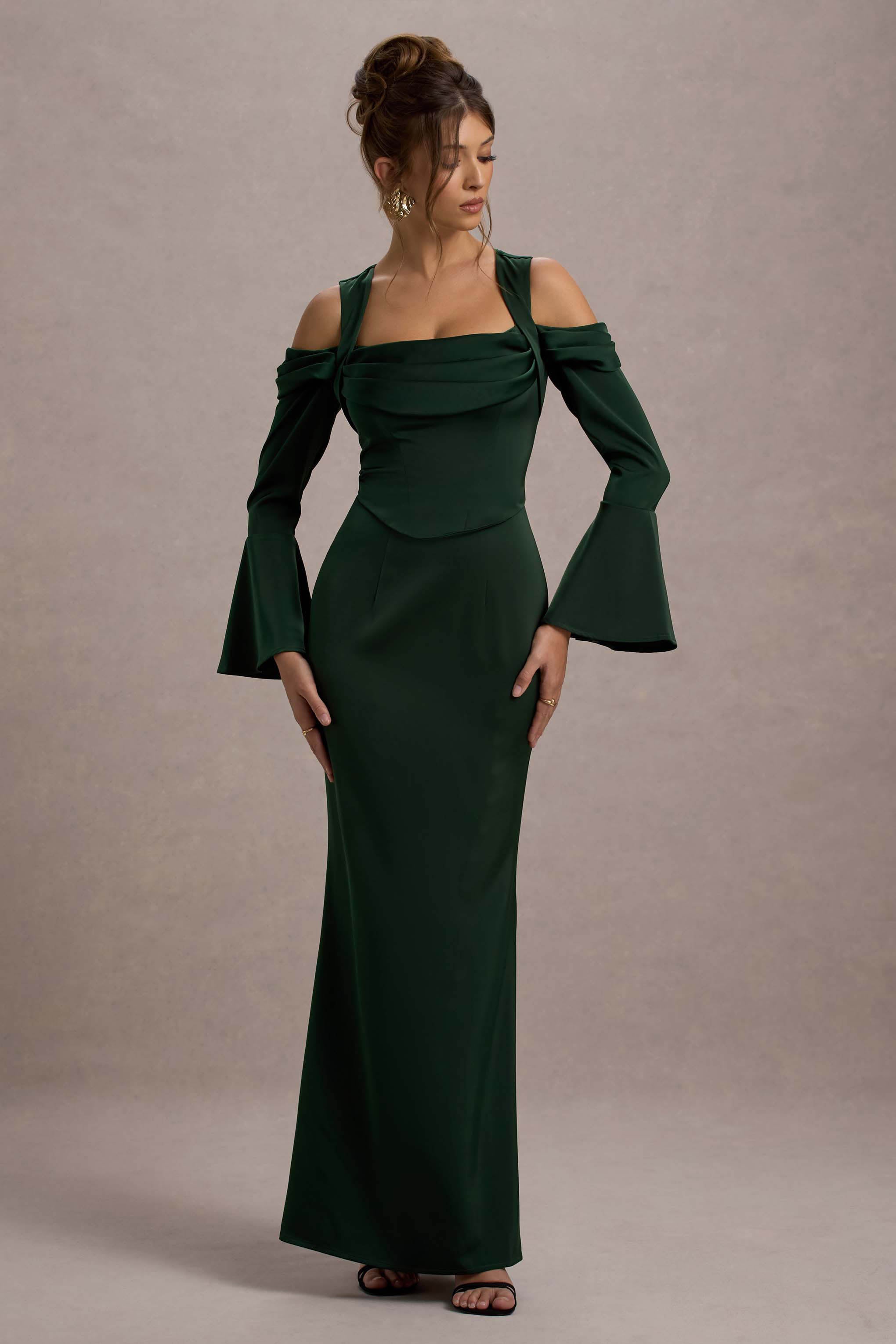 Heartthrob | Yeşil Saten Drapeli Bardot Maxi Elbise