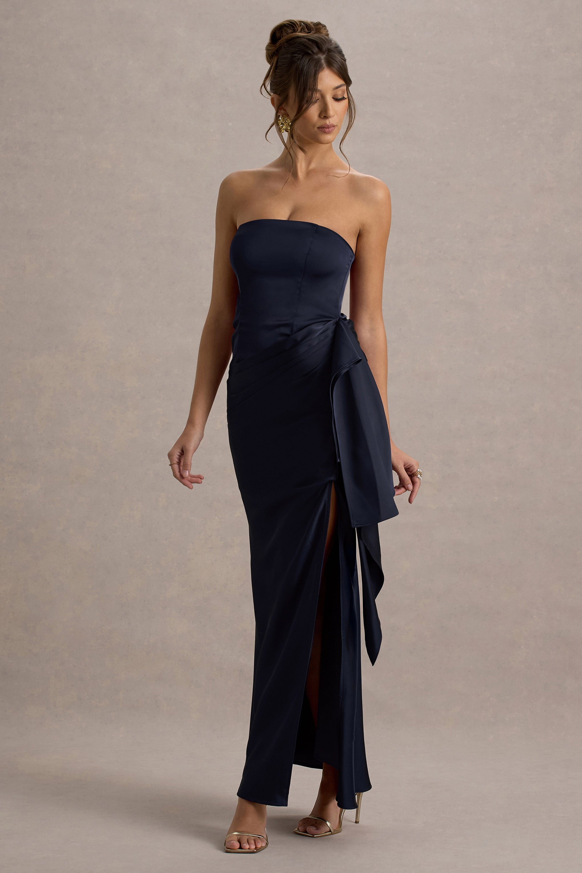 Loz | Lacivert Saten Bandeau Drapeli Maxi Elbise