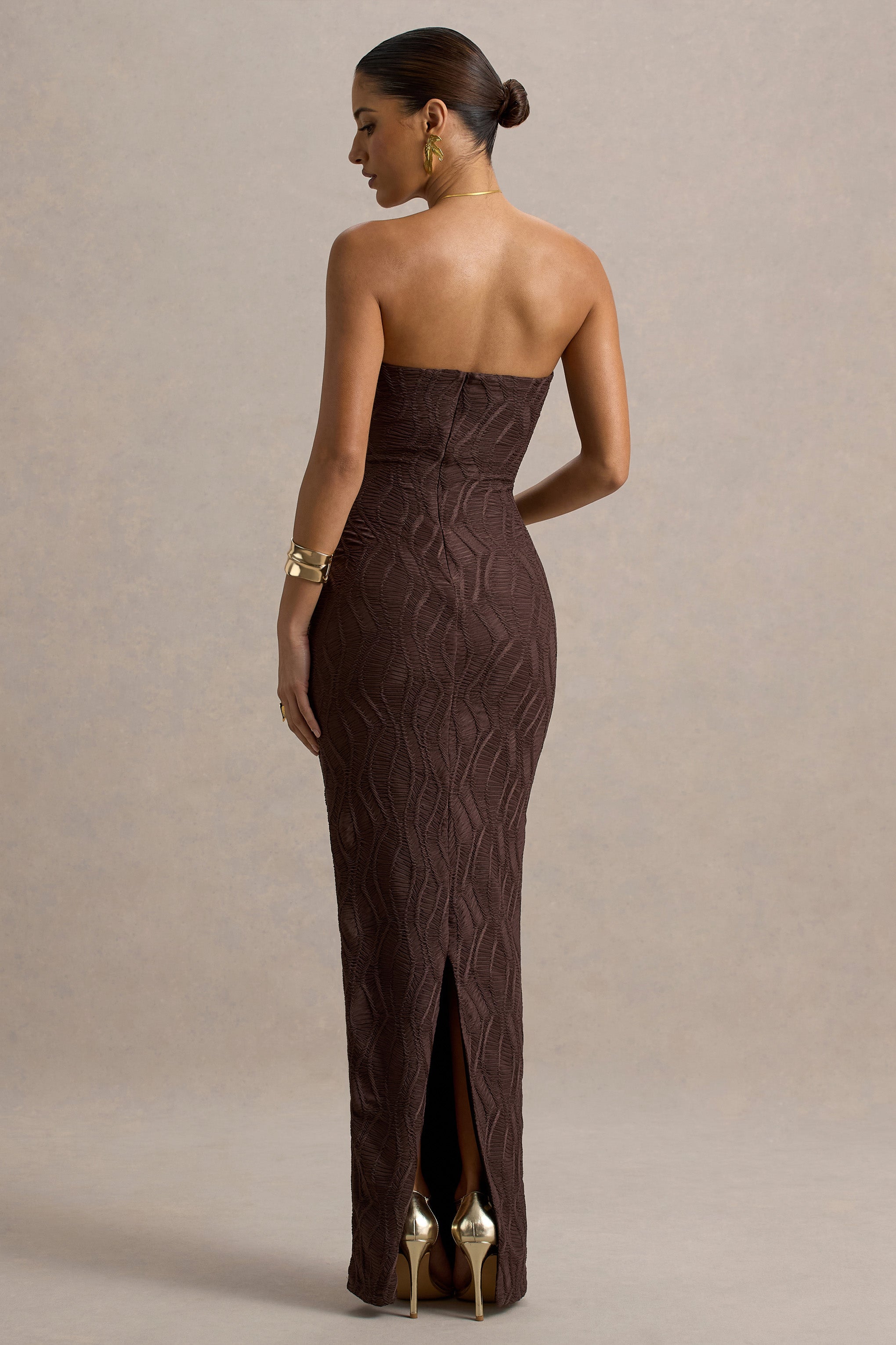 Lorela | Kahverengi Bodycon Bandeau Maxi Elbise