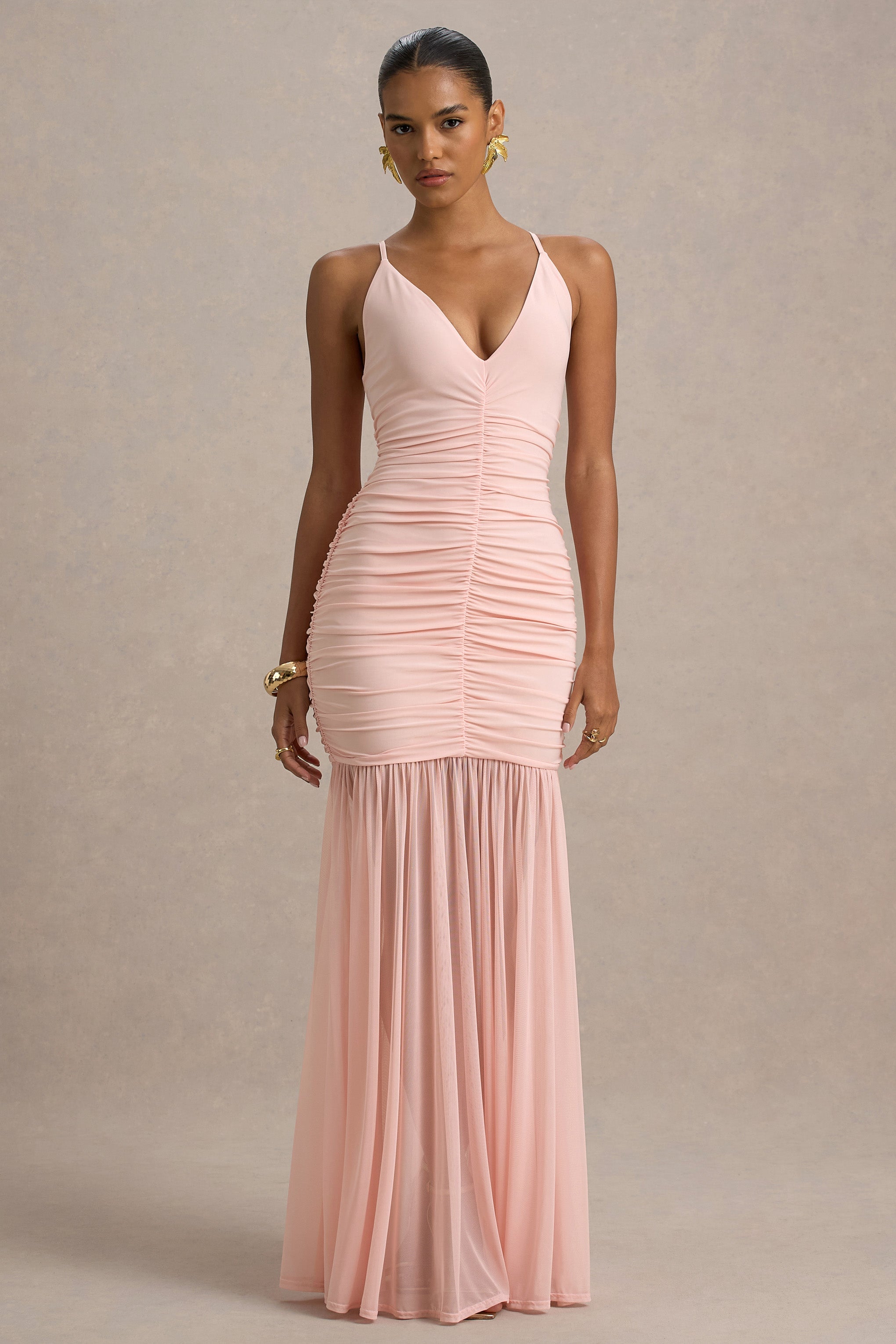 Pasqualina | Pembe Drapeli Derin Yaka Maxi Elbise