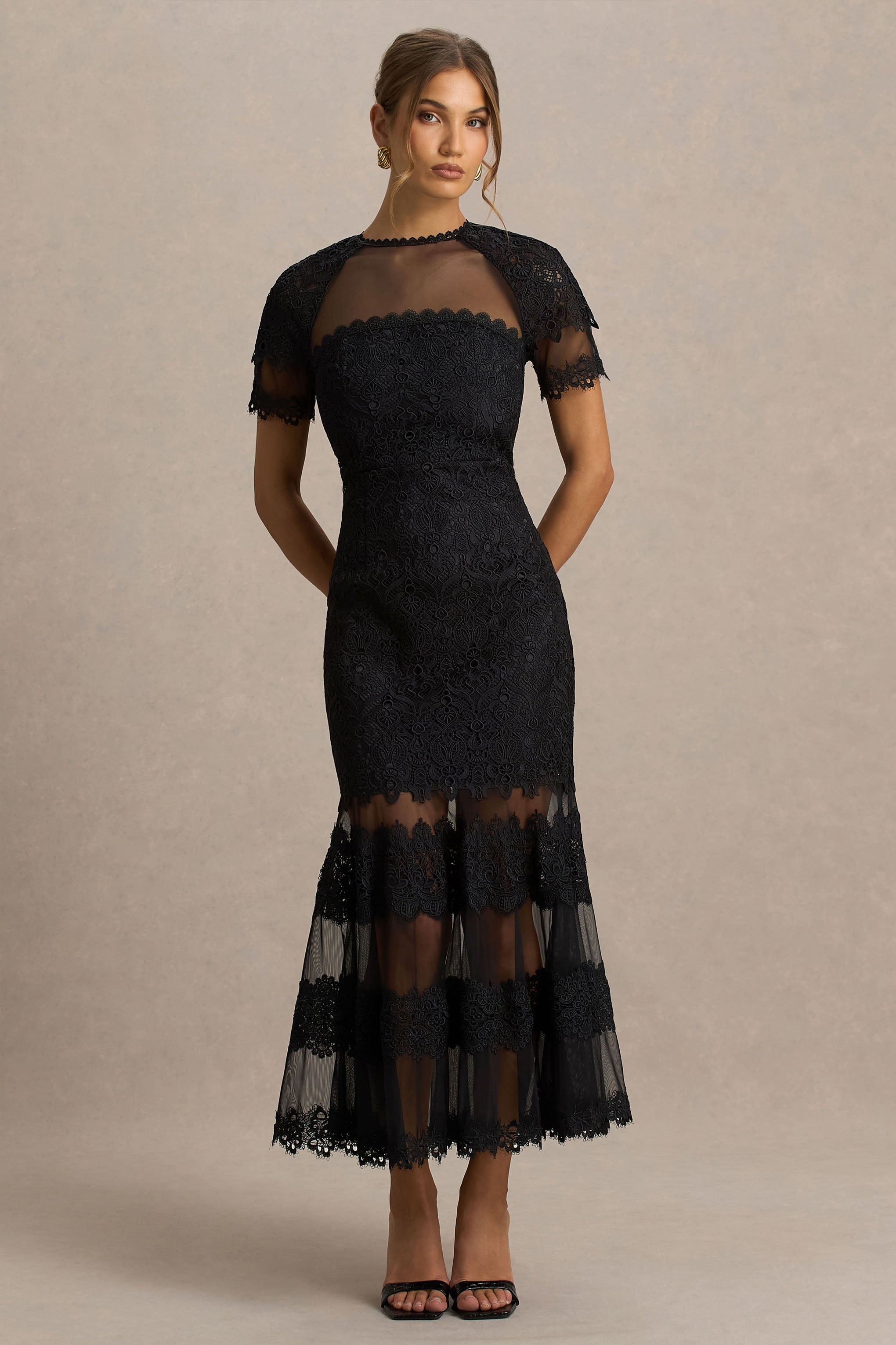 Leanne | Siyah File ve Dantel Yaka Detaylı Fishtail Midi Elbise