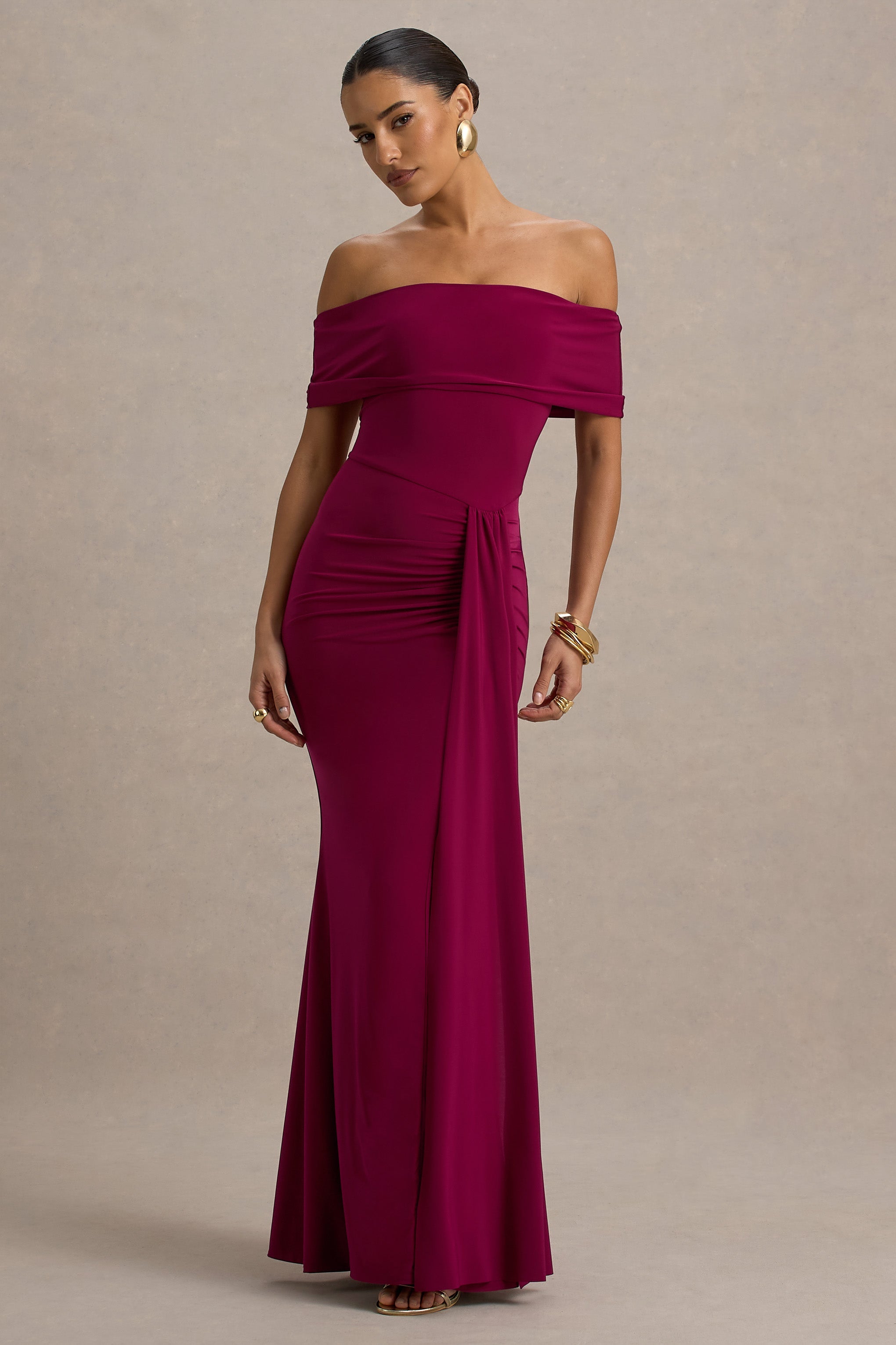 Delma | Drapeli Detaylı Bordo Bardot Maxi Elbise